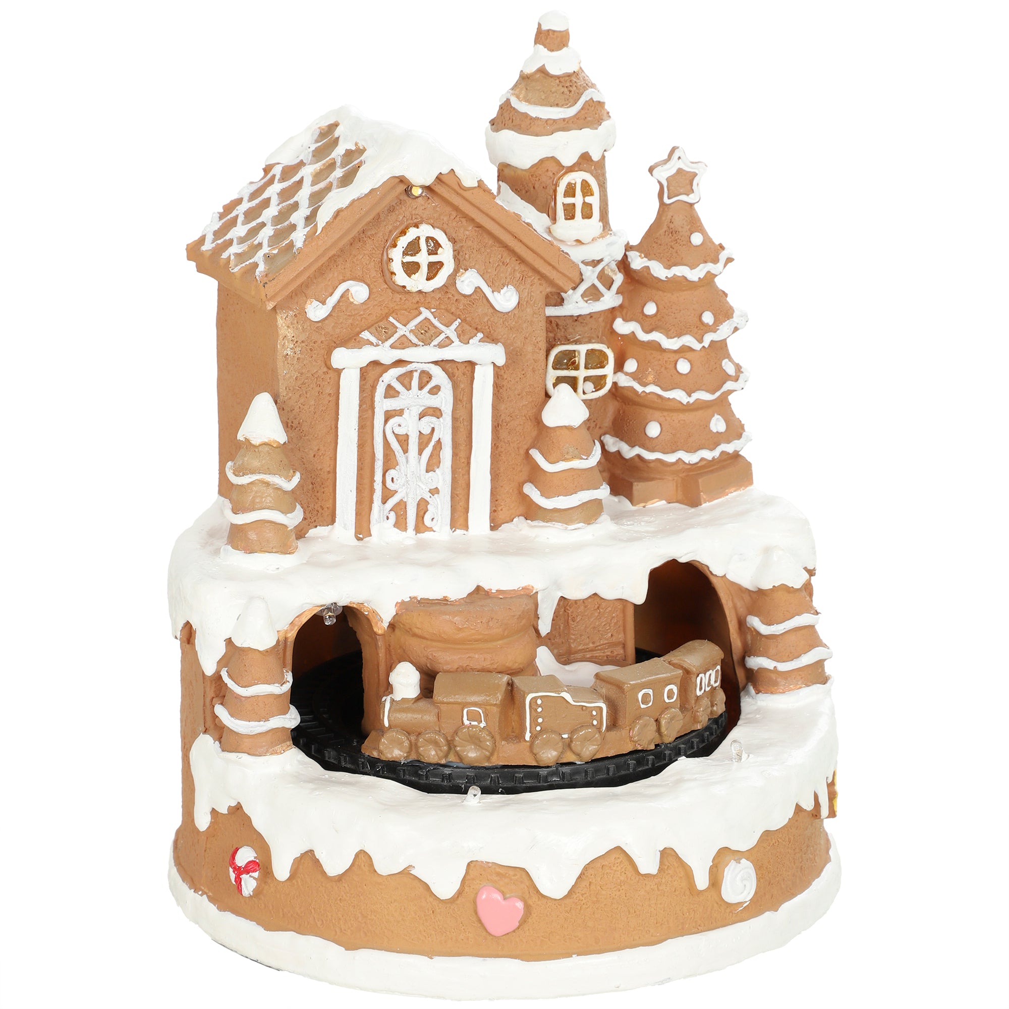 HOMCOM Christmas Gingerbread House, Lighted Musical Snow Village with Rotating Train, LEDs, Tunes, Battery Operated