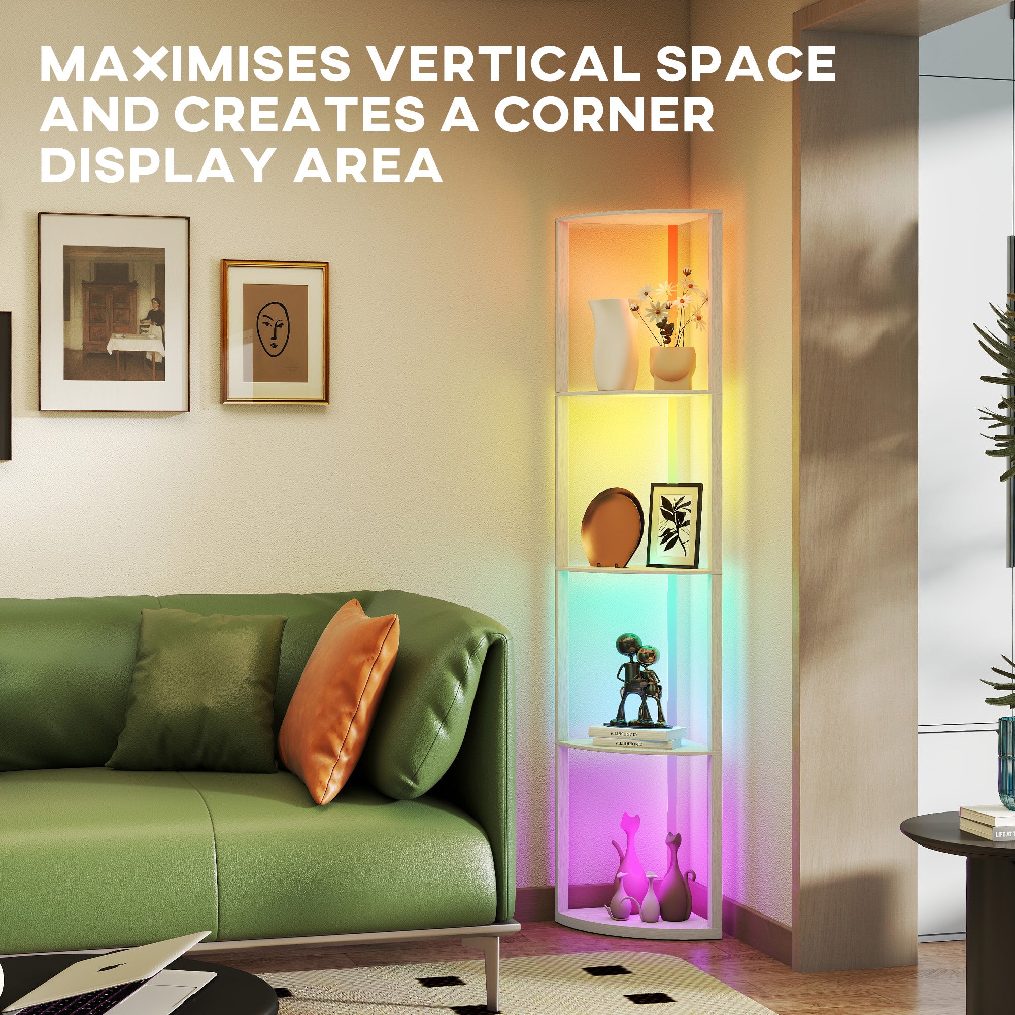 HOMCOM RGB LED Floor Lamp with Shelves, 5-Tier Dimmable Standing Lamp with Adjustable Brightness and Remote Control, Modern Corner Display Shelf Unit for Living Room Bedroom Office, Oak