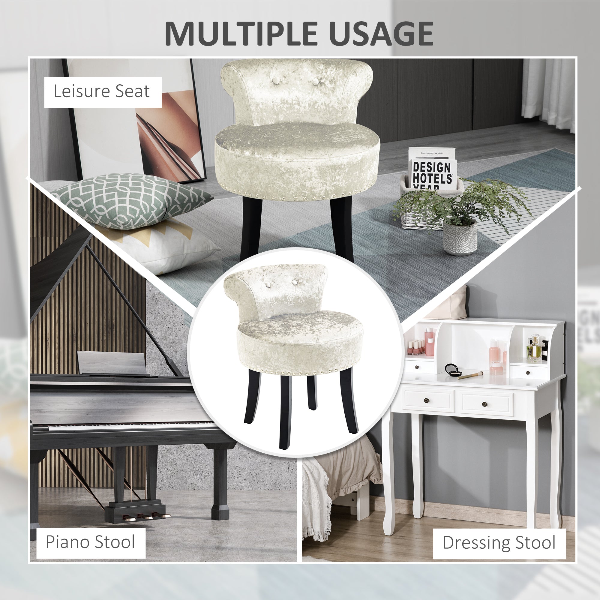 HOMCOM Dressing Table Stool with Rubber Wood Legs, Ice Velvet Vanity Stool for Living Room Bedroom, Beige - North Peak Garden Furniture