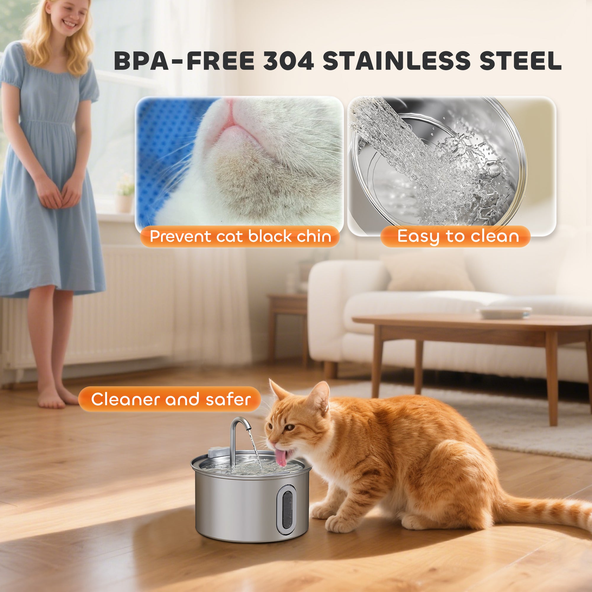 PawHut 2.5L Stainless Steel Cat Water Fountain for Drinking with Ultra-Silent Pump, Water-Level Window, Filters - North Peak Garden Furniture