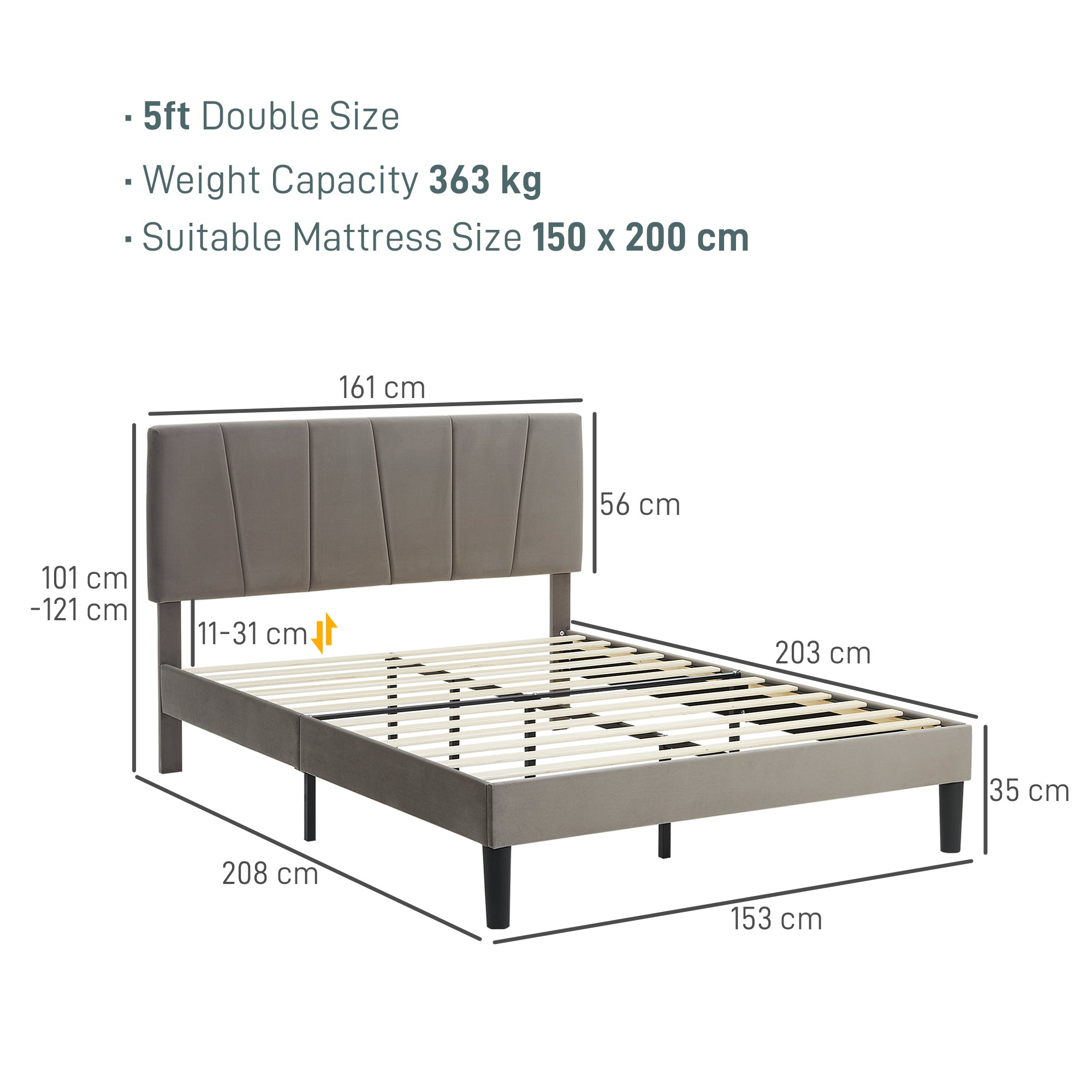 HOMCOM King Velvet-Feel Headboard Bed Frame - Grey - North Peak Garden Furniture
