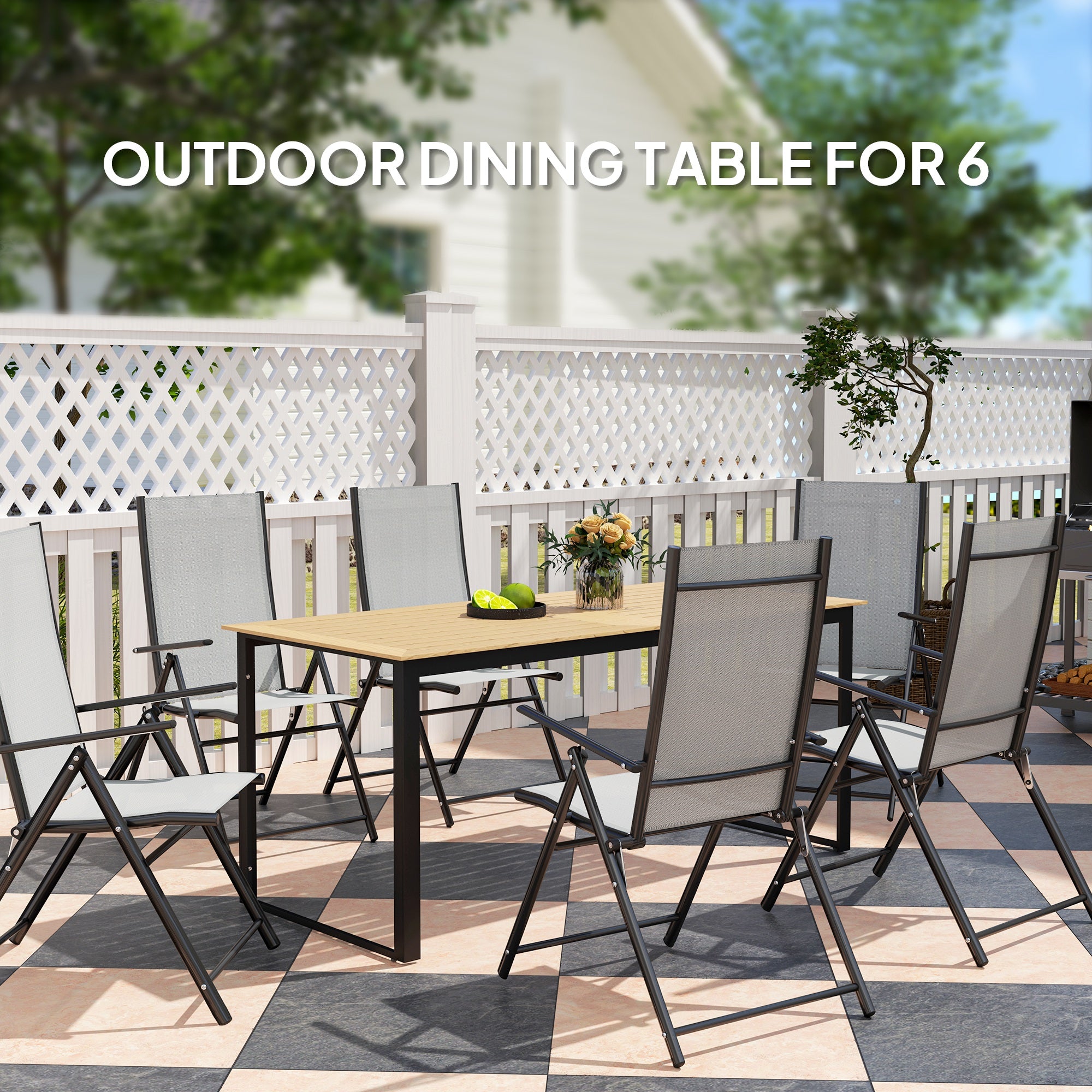 Outsunny Garden Table for 6 People, 175 x 78 x 75 cm Rectangle Outdoor Dining Table with Slatted Top, Metal Frame, for Balcony, Deck, Teak - North Peak Garden Furniture