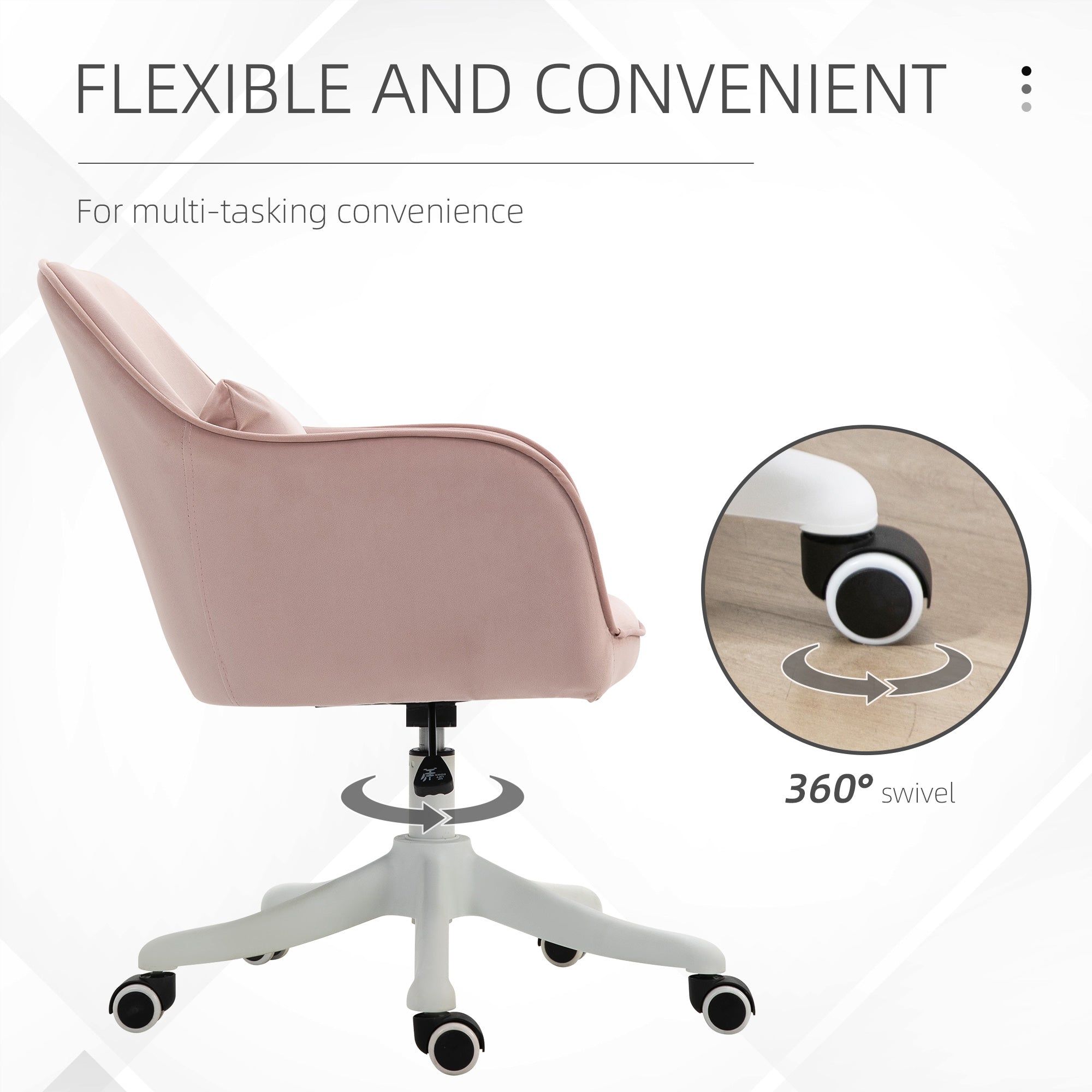Vinsetto Velvet Office Chair, Desk Chair, Makeup Vanity Chair with Massage Lumbar Pillow and Rolling Wheels for Bedroom and Home, Pink - North Peak Garden Furniture