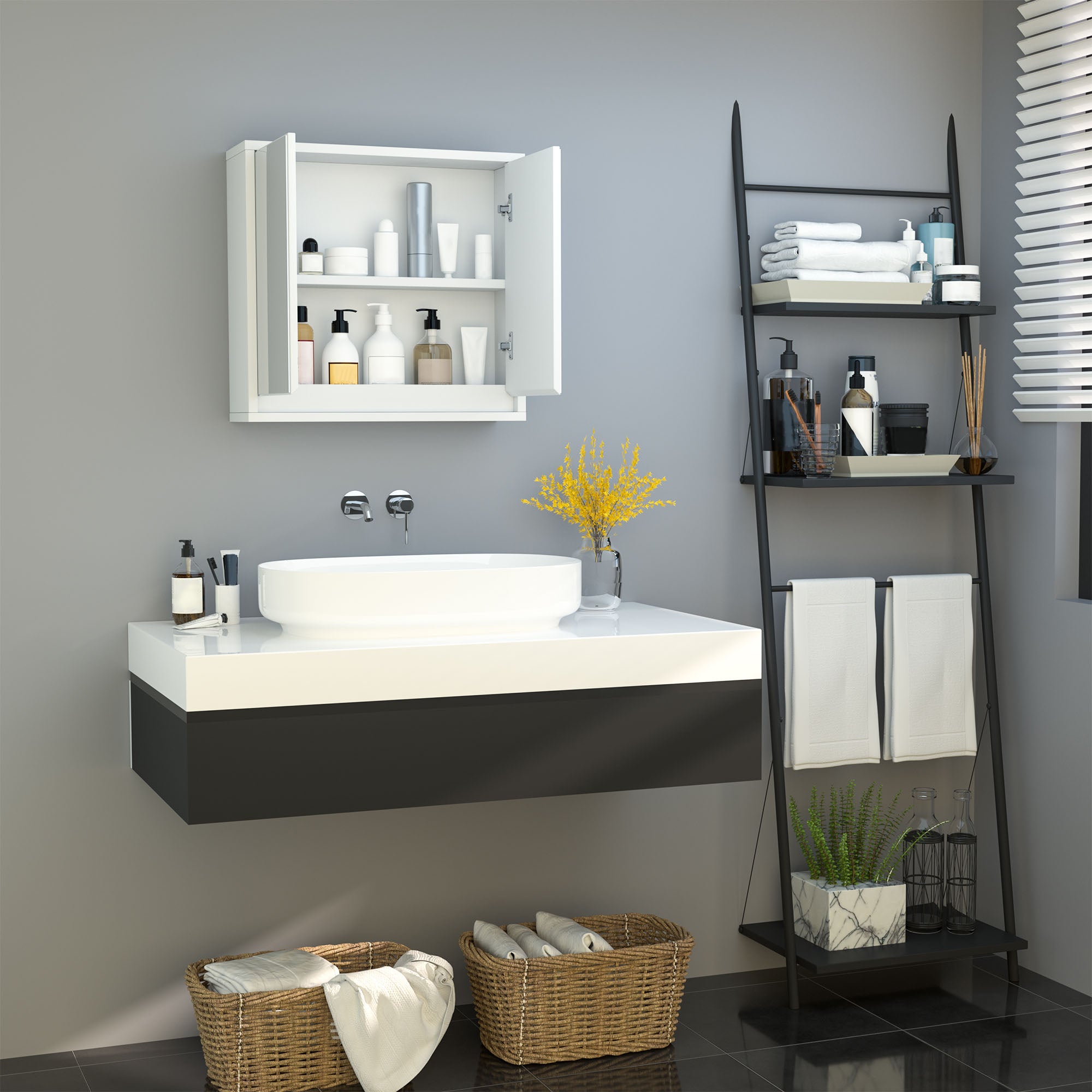 HOMCOM Bathroom Mirror Cabinet Wall Mounted Storage Shelf Bathroom Cupboard Double Door, White - North Peak Garden Furniture