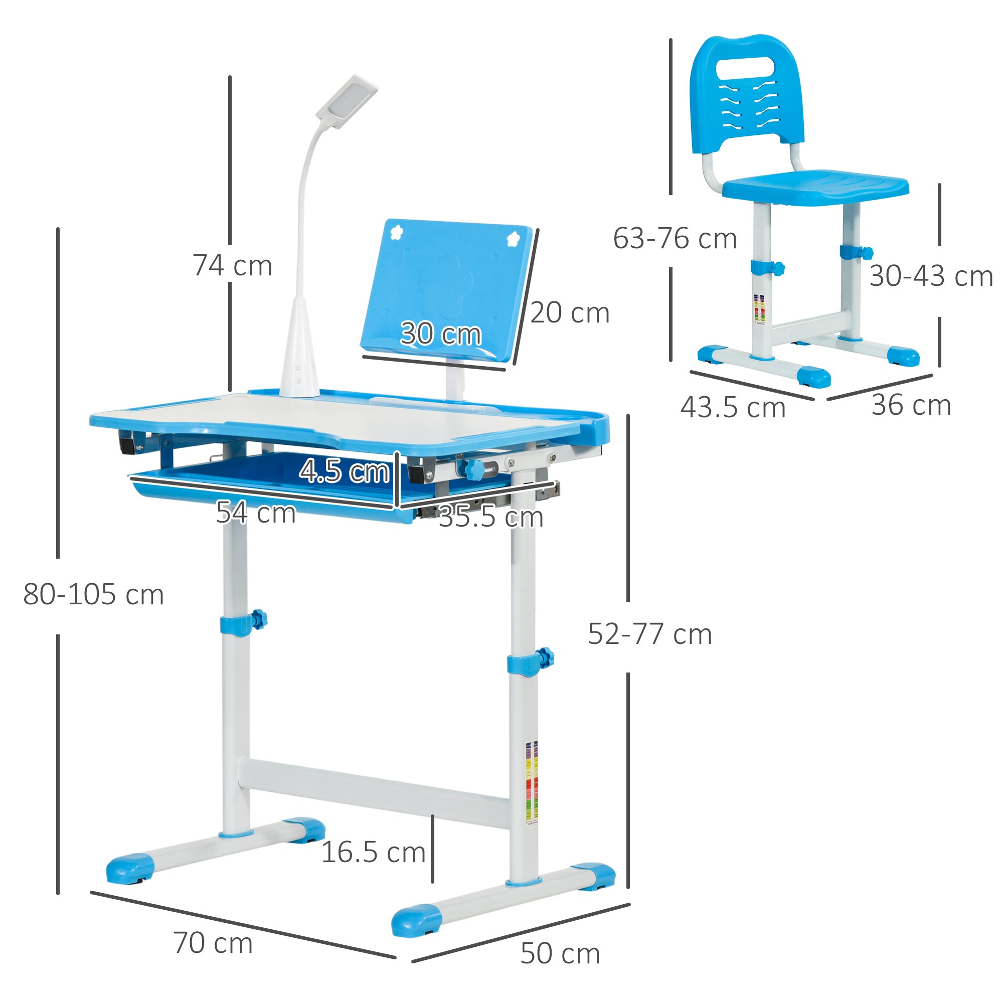 HOMCOM Kids Study Desk and Chair Set w/ Adjustable Height, Storage, Drawer, Blue - North Peak Garden Furniture