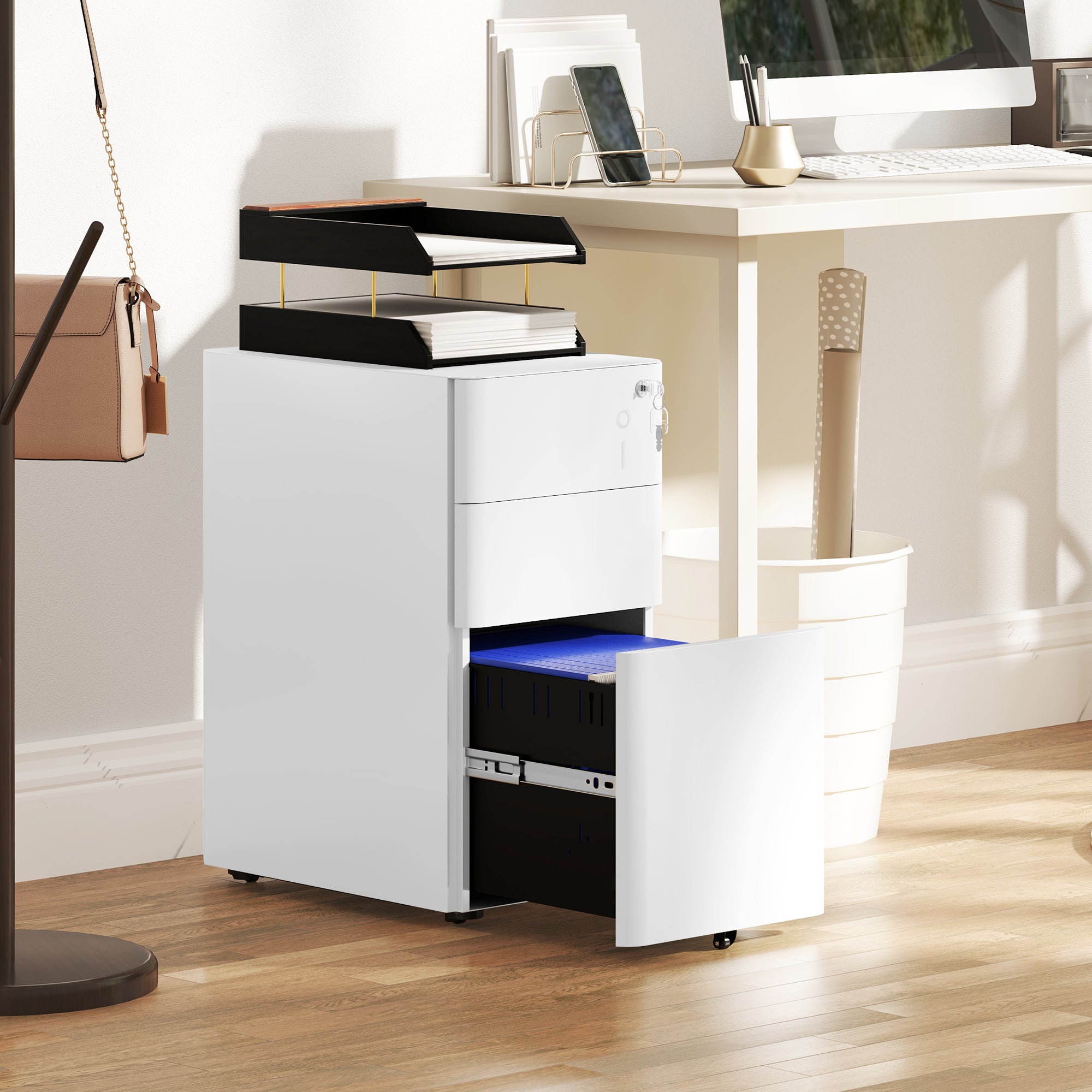 Vinsetto 3-Drawer Steel Filing Cabinet with Lock - White - North Peak Garden Furniture