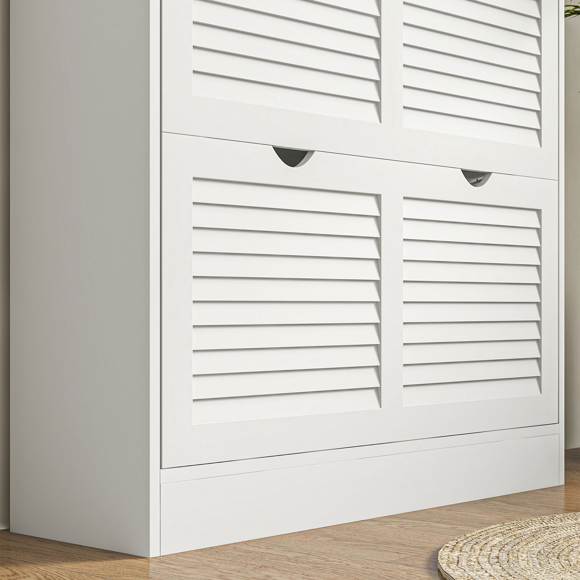 HOMCOM 2 Drawers Entryway Shoe Cabinet, Narrow Shoe Storage Cabinet with 2 Flip Drawers, Louvred Door Design and Adjustable Shelves for 16 Pairs of Shoes, White - North Peak Garden Furniture