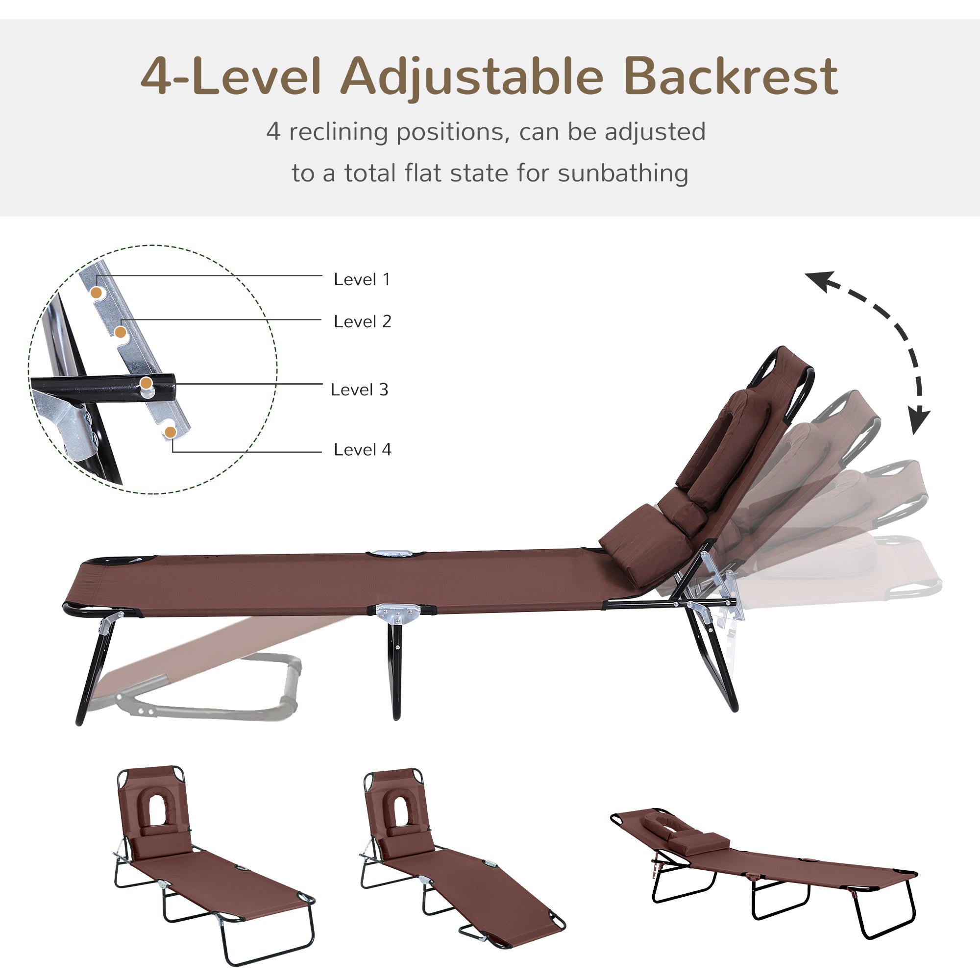 Outsunny Sun Lounger with Pillow and Reading Hole, Foldable Reclining Chair, Garden Beach Outdoor Recliner, Adjustable, Brown