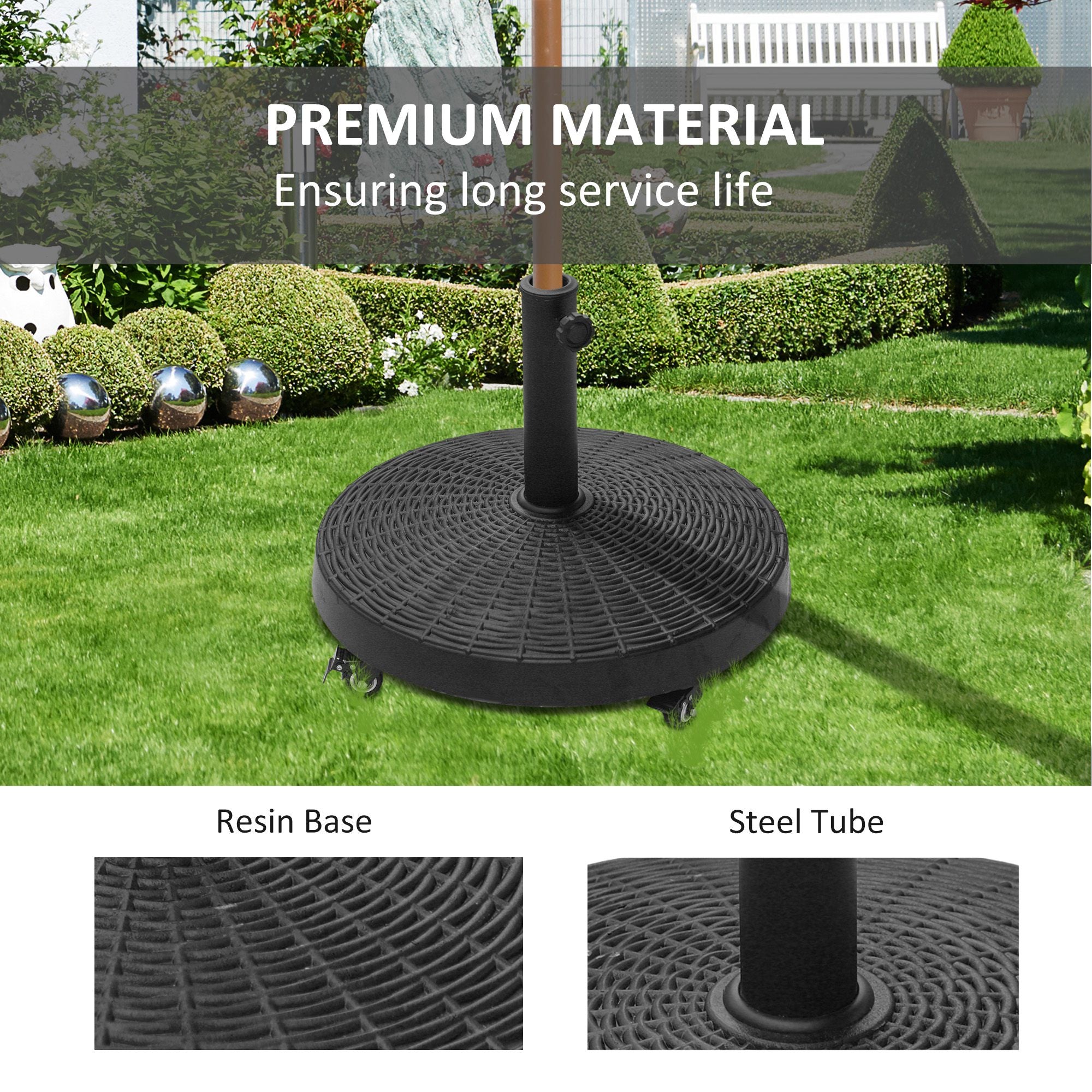 Outsunny 22.7kg Resin Patio Parasol Base Umbrella Stand Weight Deck Garden Sunshade Holder Round w/ Wheels Brakes Outdoor