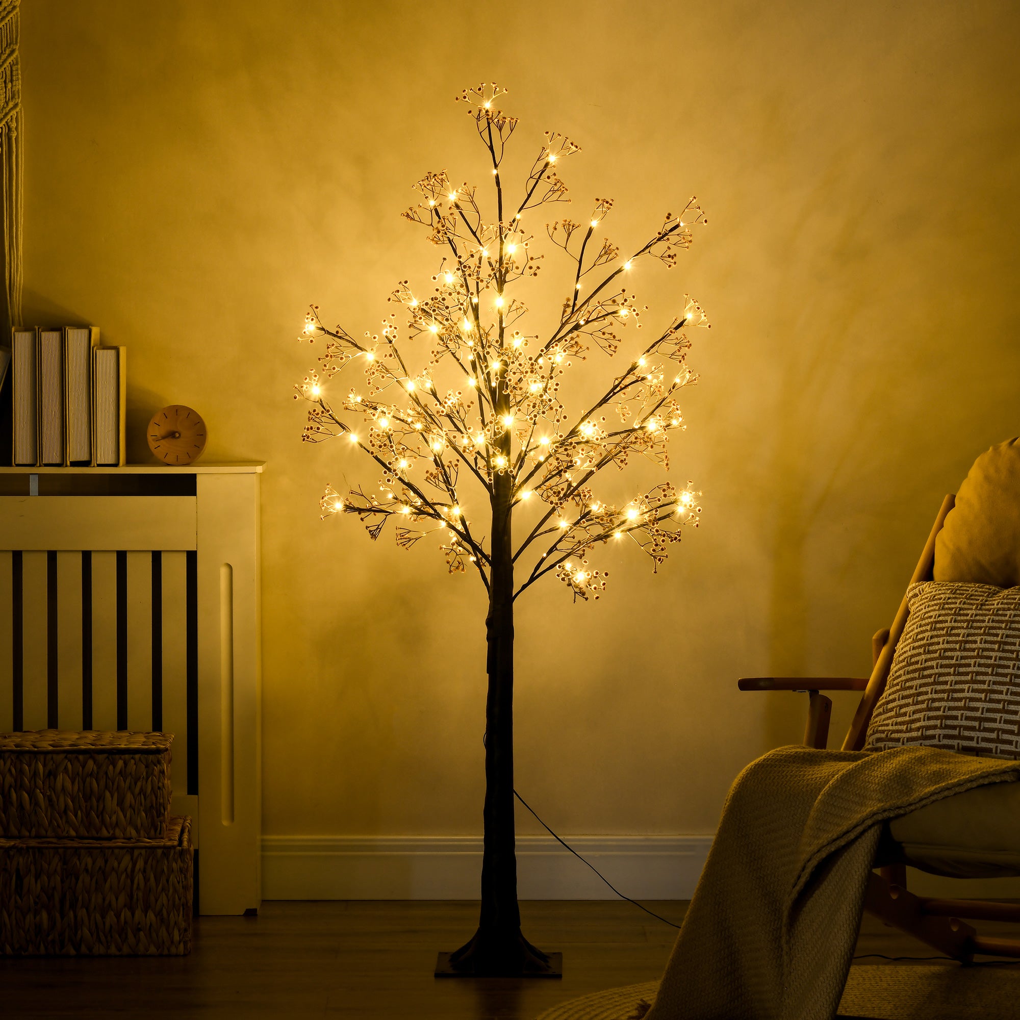HOMCOM 5ft Artificial Gypsophila Blossom Tree Light with 96 Warm White LED Light, Baby Breath Flowers for Home Party Wedding, Indoor and Outdoor Use - North Peak Garden Furniture
