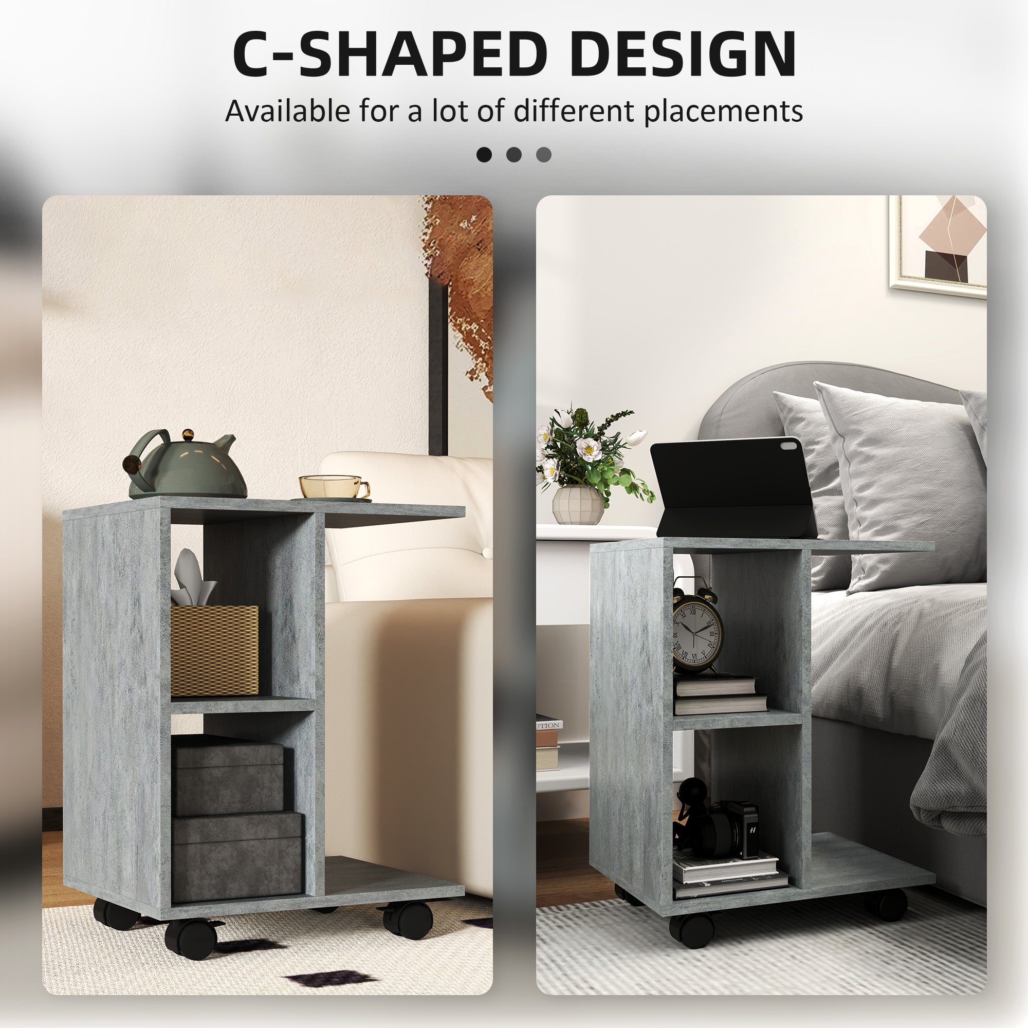 HOMCOM C-Shape End Table Unique Storage Unit w/ 2 Shelves 4 Wheels Freestanding Home Office Furniture Cabinet Square Studio Grey - North Peak Garden Furniture
