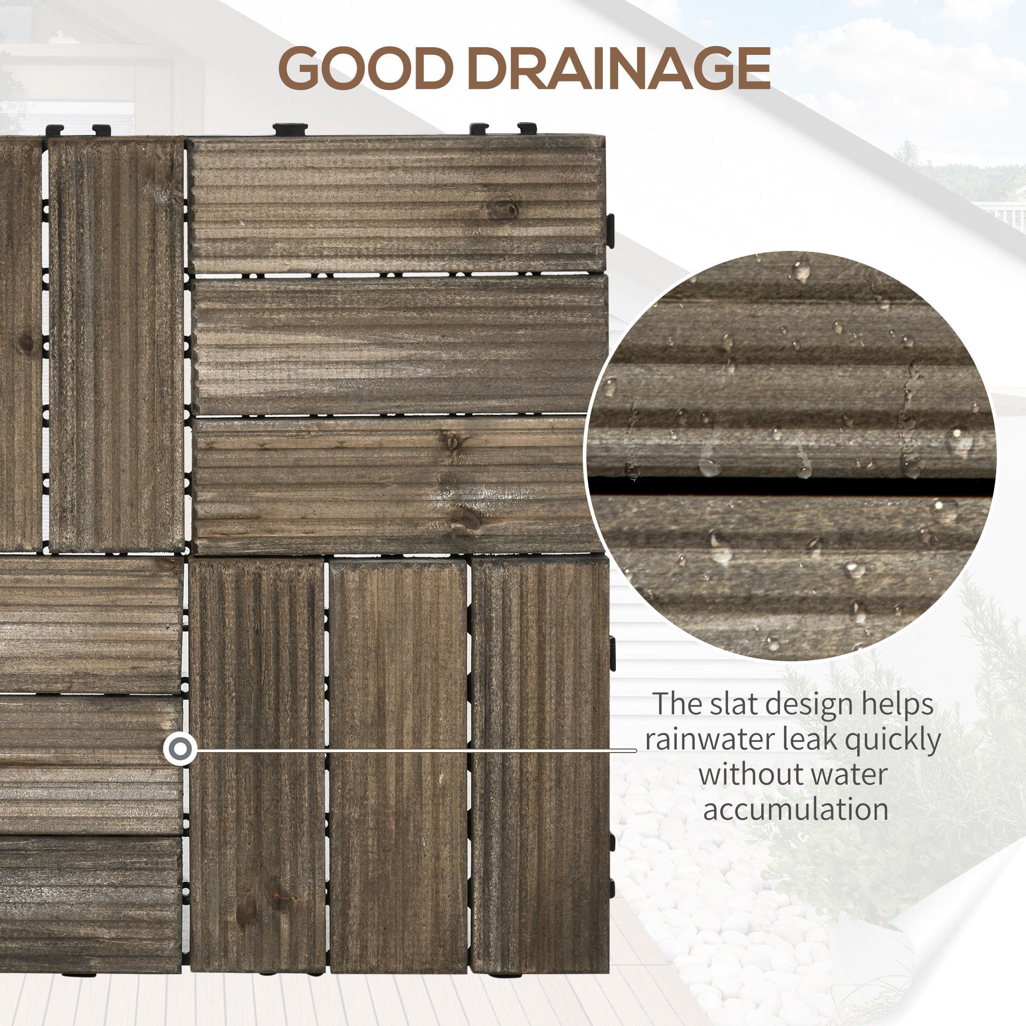 Outsunny 27 Pcs Wooden Interlocking Decking Tiles, Outdoor Flooring Tiles for Patio, Balcony, Terrace, Hot Tub, 30 x 30 cm per Piece, 2.5㎡ per Pack, Charcoal Grey - North Peak Garden Furniture