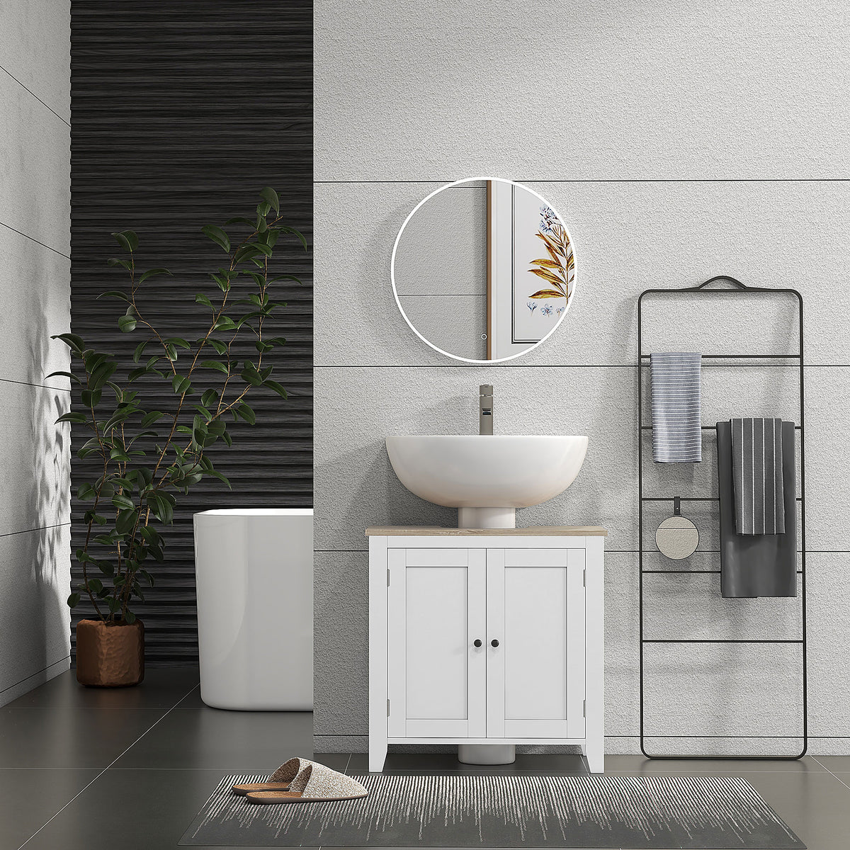 kleankin Bathroom Sink Cabinet, Bathroom Floor Storage Cabinet with 2 Doors Pedestal Under Sink Design, Space Saver Organizer Freestanding with Internal Adjustable Shelf, White - North Peak Garden Furniture