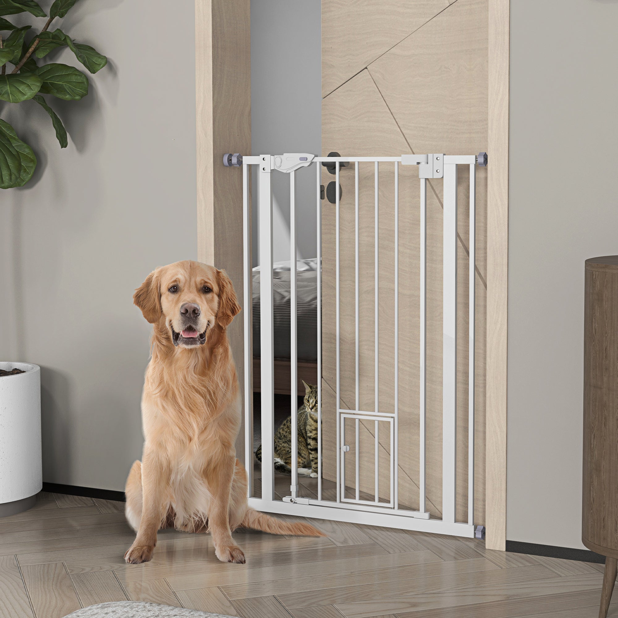 PawHut Extra Tall Pet Gate, Indoor Dog Safety Gate, with Cat Flap, Auto Close, 74-80cm Wide - White - North Peak Garden Furniture