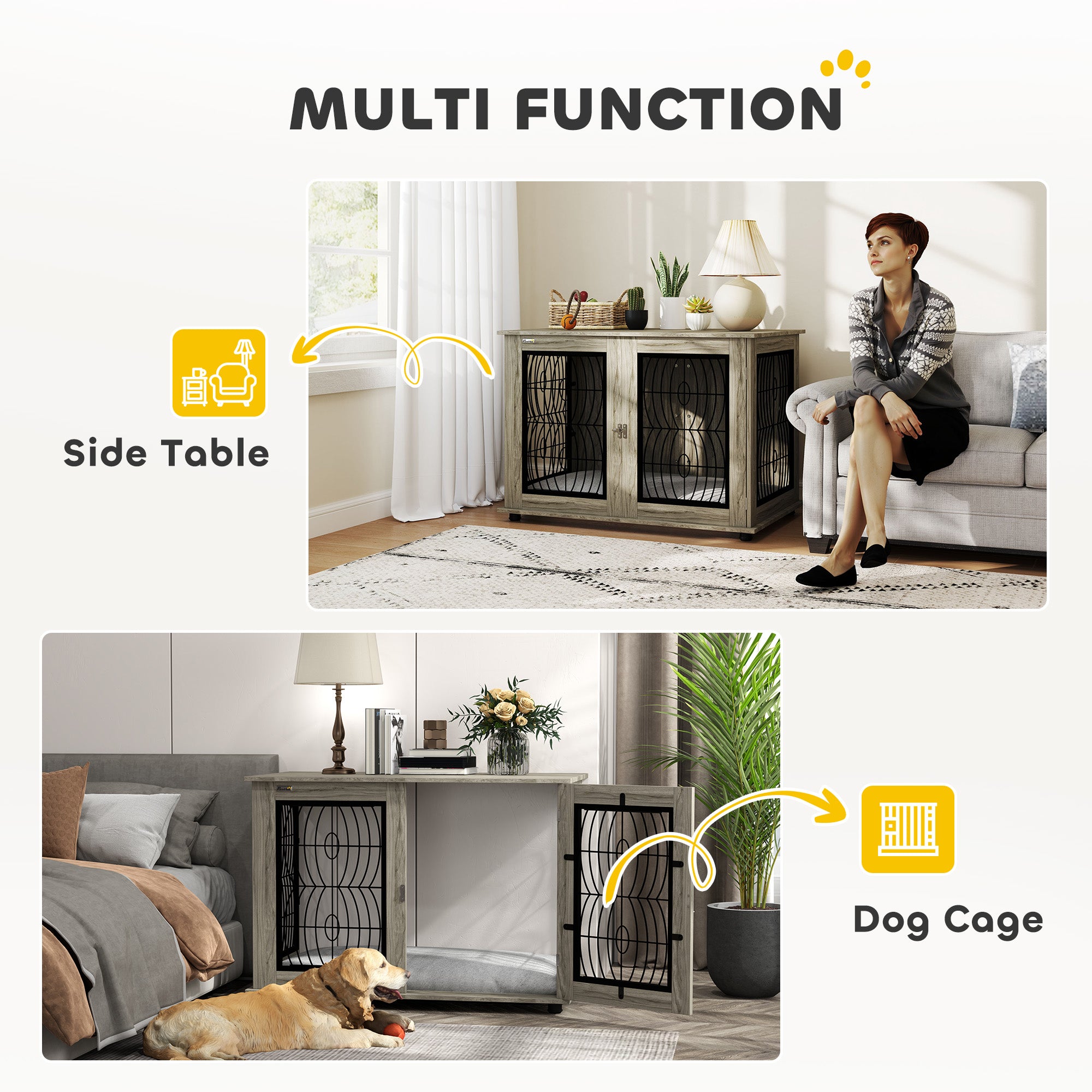 PawHut Indoor Dog Crate Furniture End Table with Soft Washable Cushion, Lockable Front Door, for Extra Large Dogs - Grey - North Peak Garden Furniture