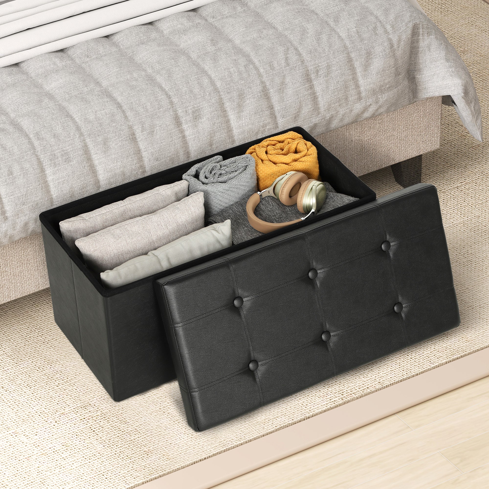 HOMCOM Storage Ottoman Bench, 89L PU Leather Folding Foot Rest Stool, End of Bed Bench, Easy Assembly, for Living Room, Bedroom, Entryway, Black