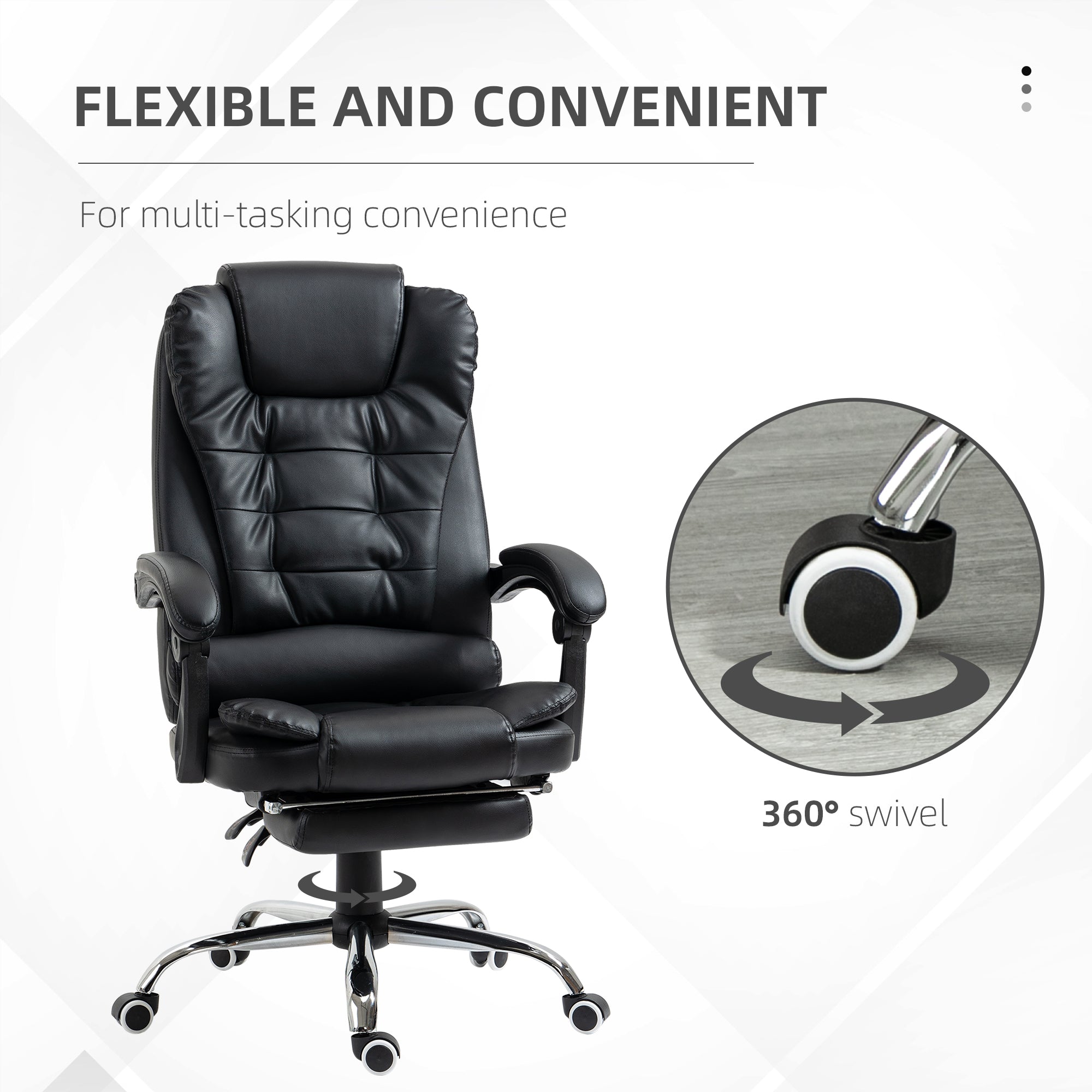 HOMCOM Executive Office Chair, PU Leather Home Office Chair with Swivel Wheels, Reclining Backrest, Retractable Footrest, Black - North Peak Garden Furniture