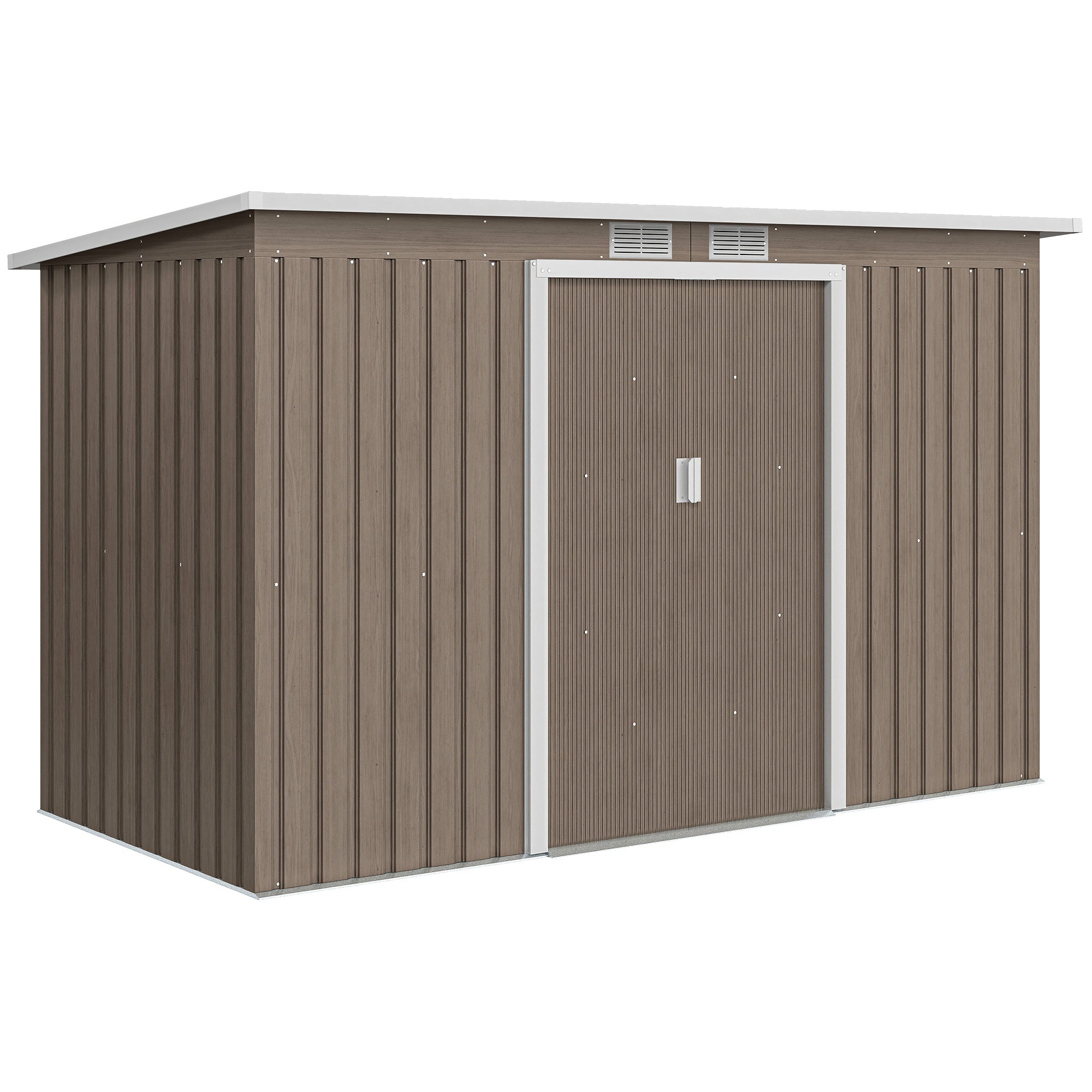 Outsunny 9ft x 4ft Metal Garden Shed, Outdoor Tool House with Foundation Kit, Ventilations and Double Doors, Light Grey Wood Grain