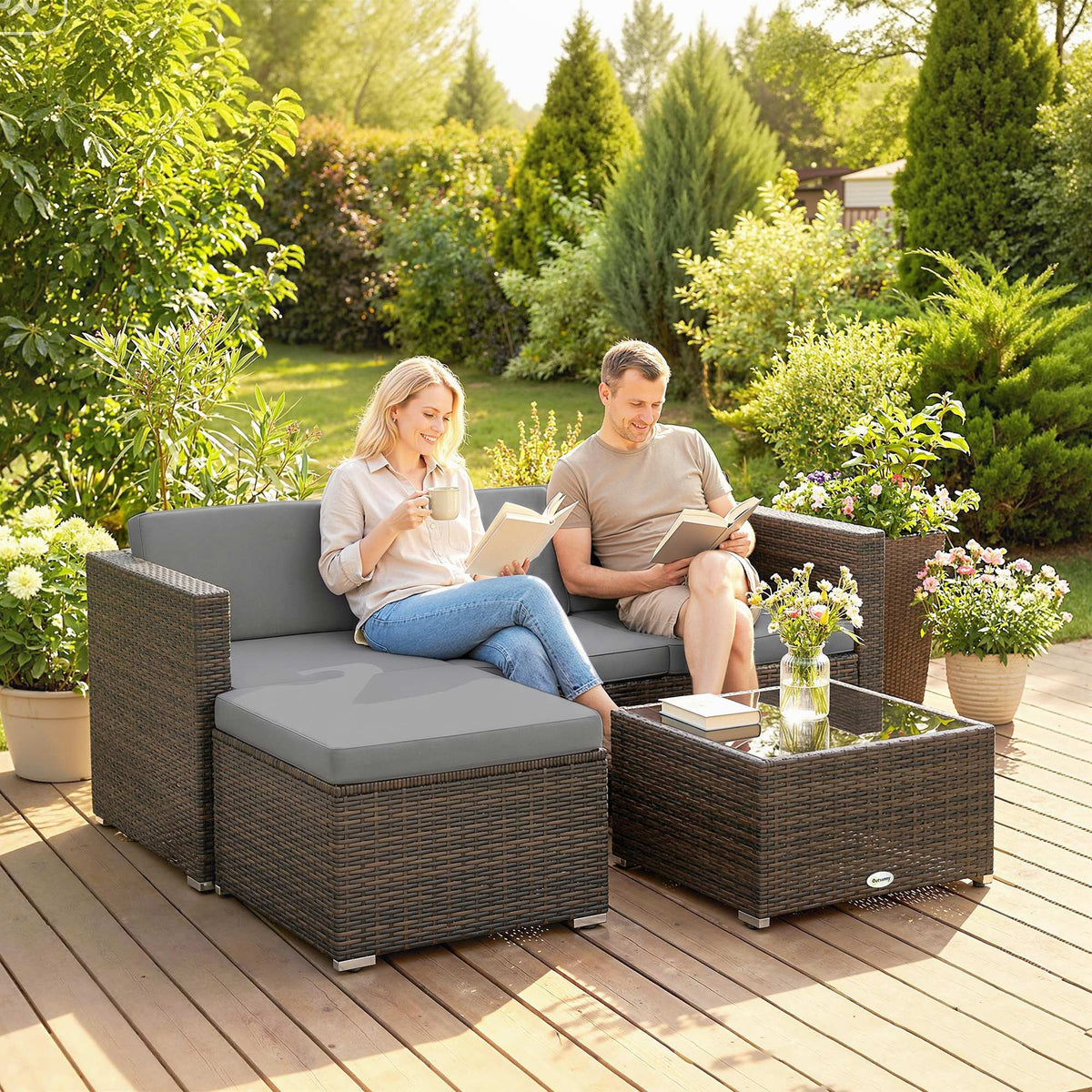 Outsunny 3 Pieces Garden Furniture Set w/ Cushions, PE Rattan Wicker Conversation Corner Sofa Set, Light Grey