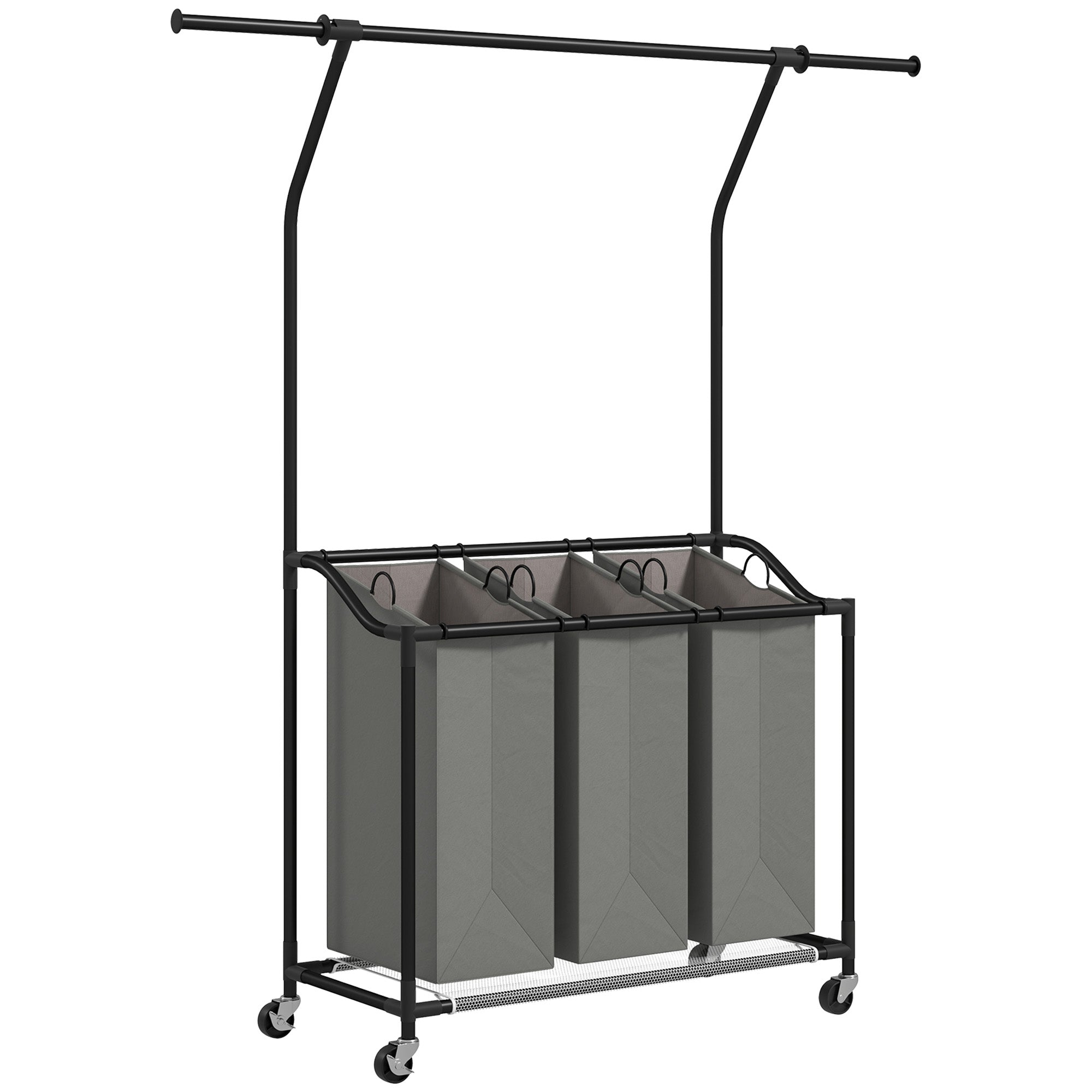 HOMCOM 126L Laundry Sorter, Rolling Wash Basket with Hanging Rail and Mobile 3-Bag Organiser for Bedroom, Bathroom, Laundry Room, 88-149.5L x 40W x 167H cm, Dark Grey - North Peak Garden Furniture
