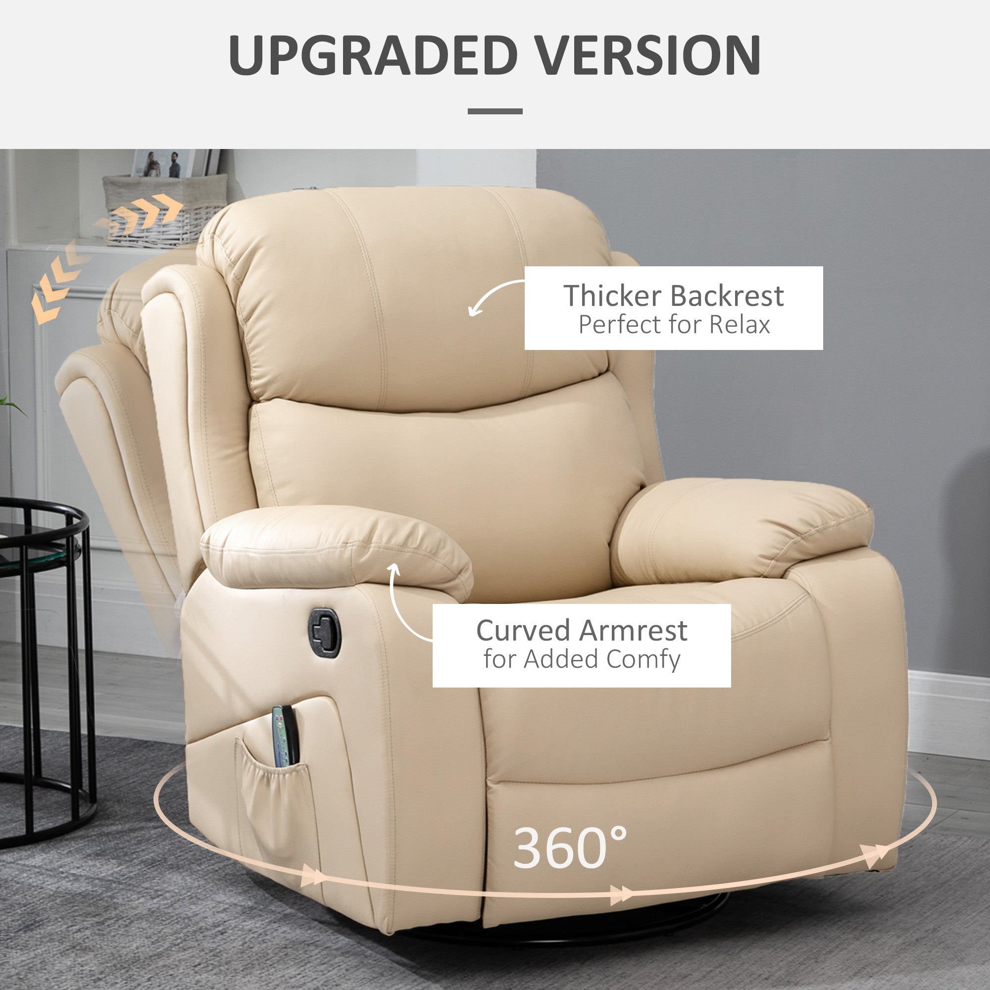 HOMCOM PU Leather Reclining Chair with 8 Massage Points and Heat, Manual Recliner with Swivel Base, Footrest and Remote, Beige - North Peak Garden Furniture