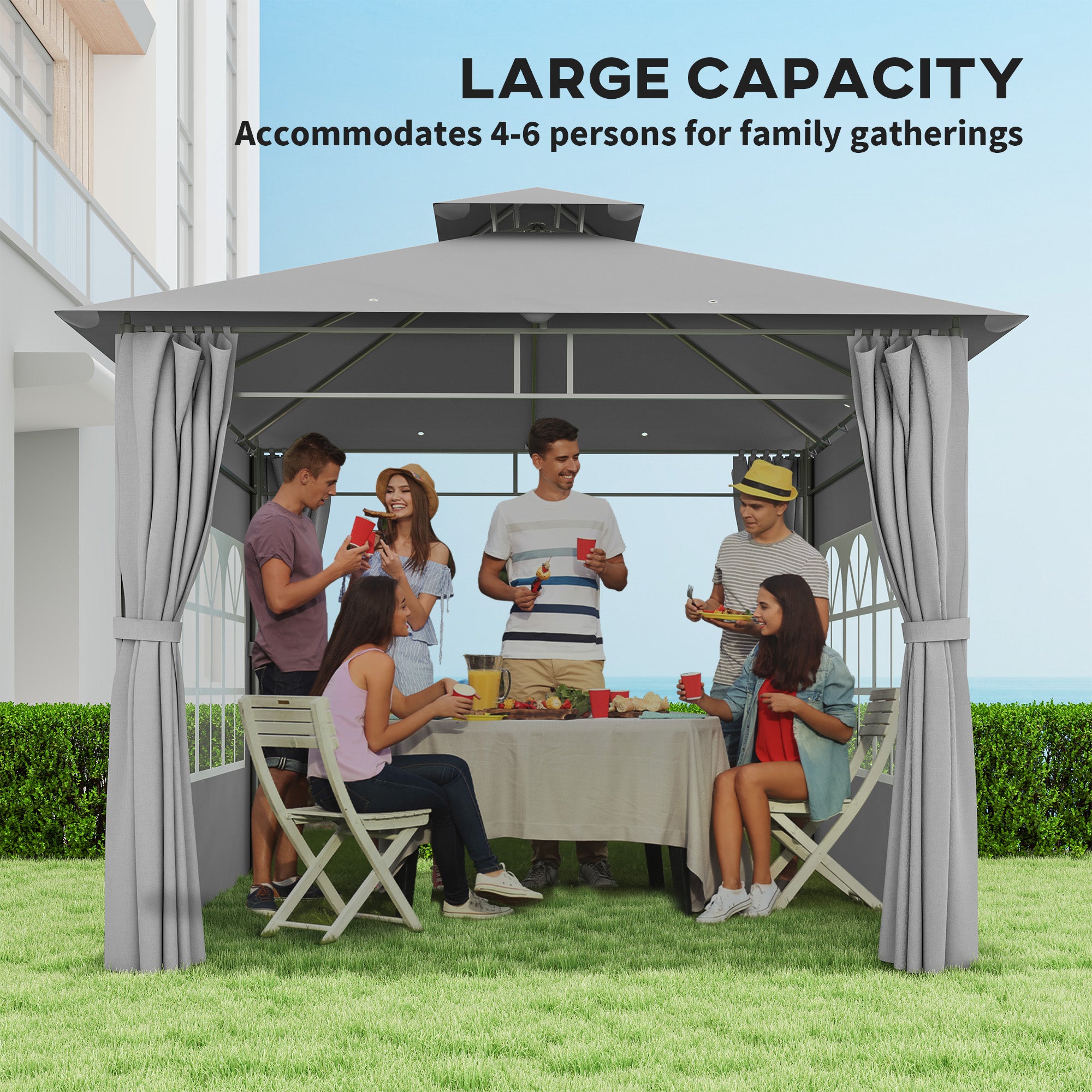 Outsunny 3 x 3 m Garden Gazebo, Double Roof Metal Gazebo with Removable Sidewalls and Church Windows, Outdoor Canopy Shelter, Light Grey - North Peak Garden Furniture