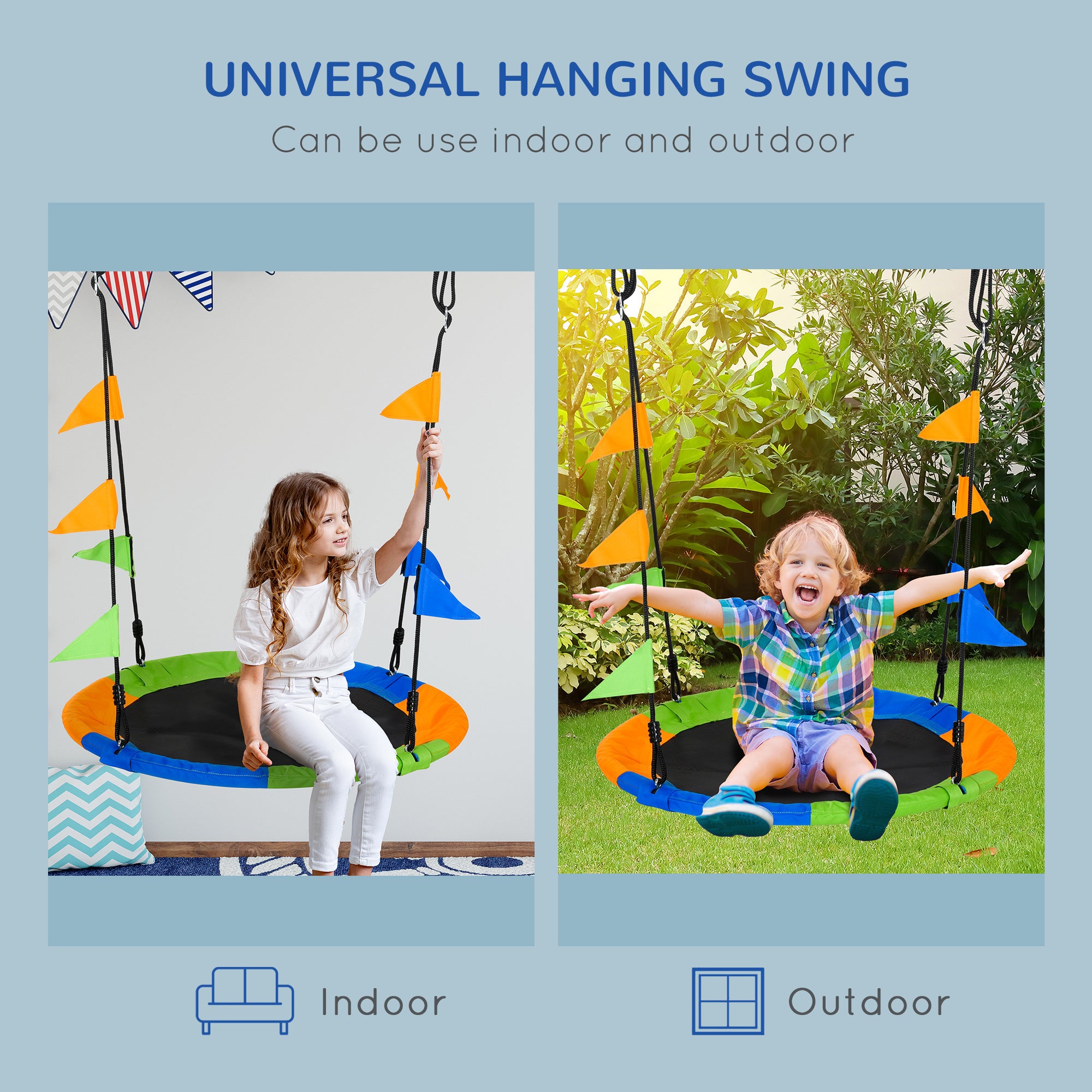 Outsunny Kid Nest Swing Seat Saucer Tree Swing 40 Inch/100cm Adjustable Rope Outdoor Indoor for Kids Over 3 Years Old Multi-Colour - North Peak Garden Furniture