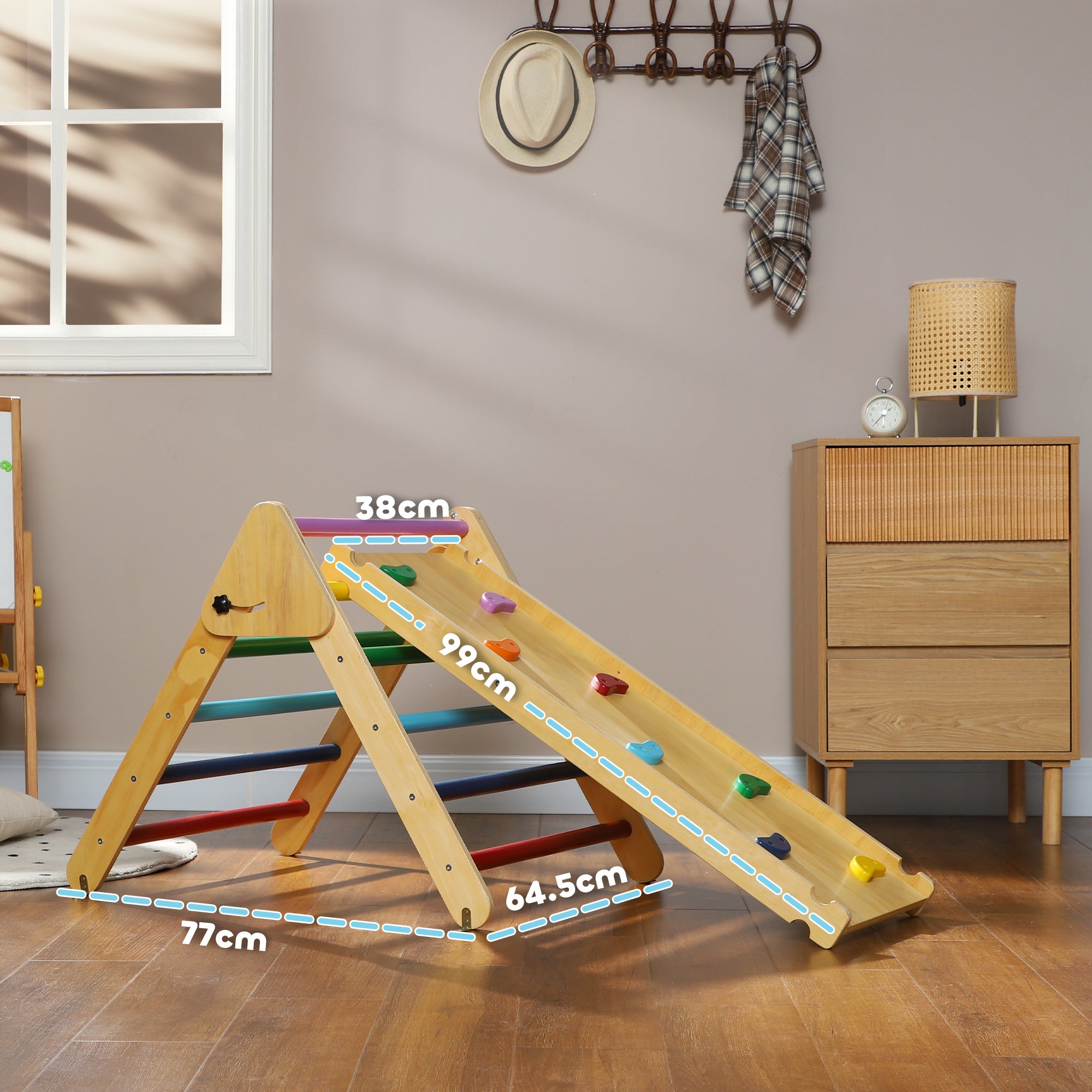 AIYAPLAY Toddler Climbing Frame for Kids with Ramp, 3 in 1 Wooden Pikler Triangle Set for 18-48 Months, Multicolour - North Peak Garden Furniture