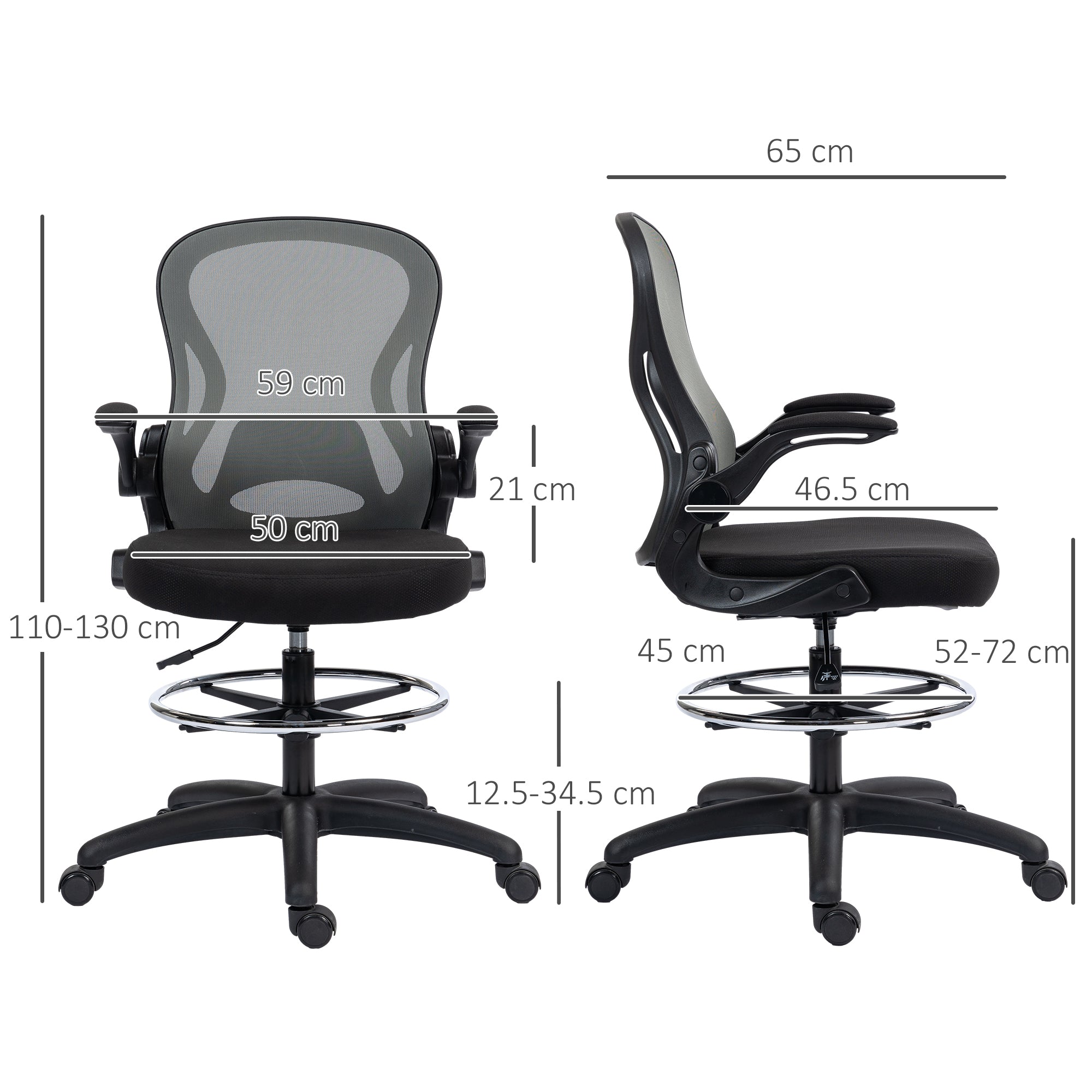Vinsetto Adjustable Mesh Standing Desk Chair with Flip-up Armrests Lumbar Support Armrests Adjustable Footrest Ring, Dark Grey - North Peak Garden Furniture