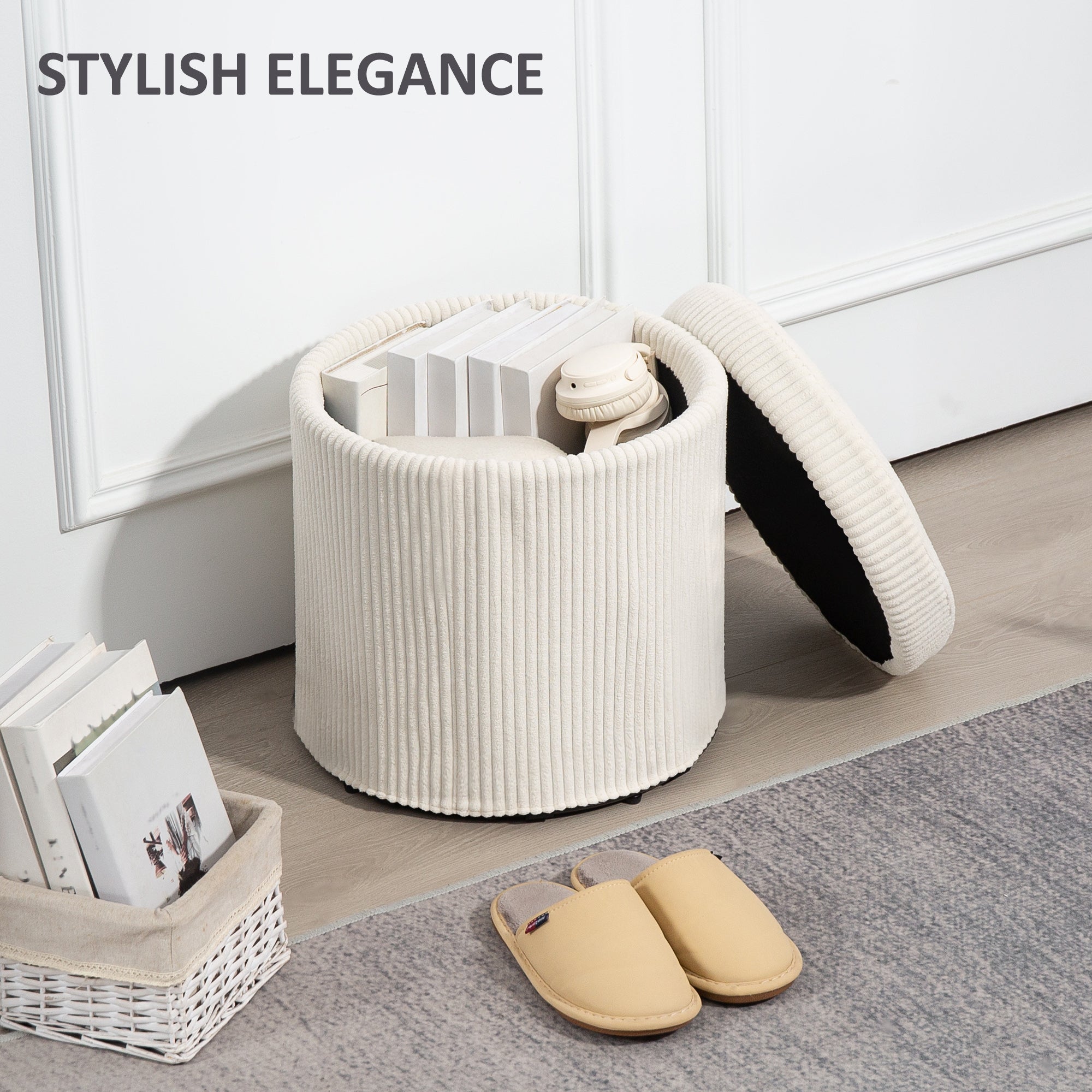 HOMCOM 40cm Round Storage Ottoman, Corduroy Footstool with Removable Lid and Legs, Vanity Stool for Living Room, Bedroom, Beige - North Peak Garden Furniture