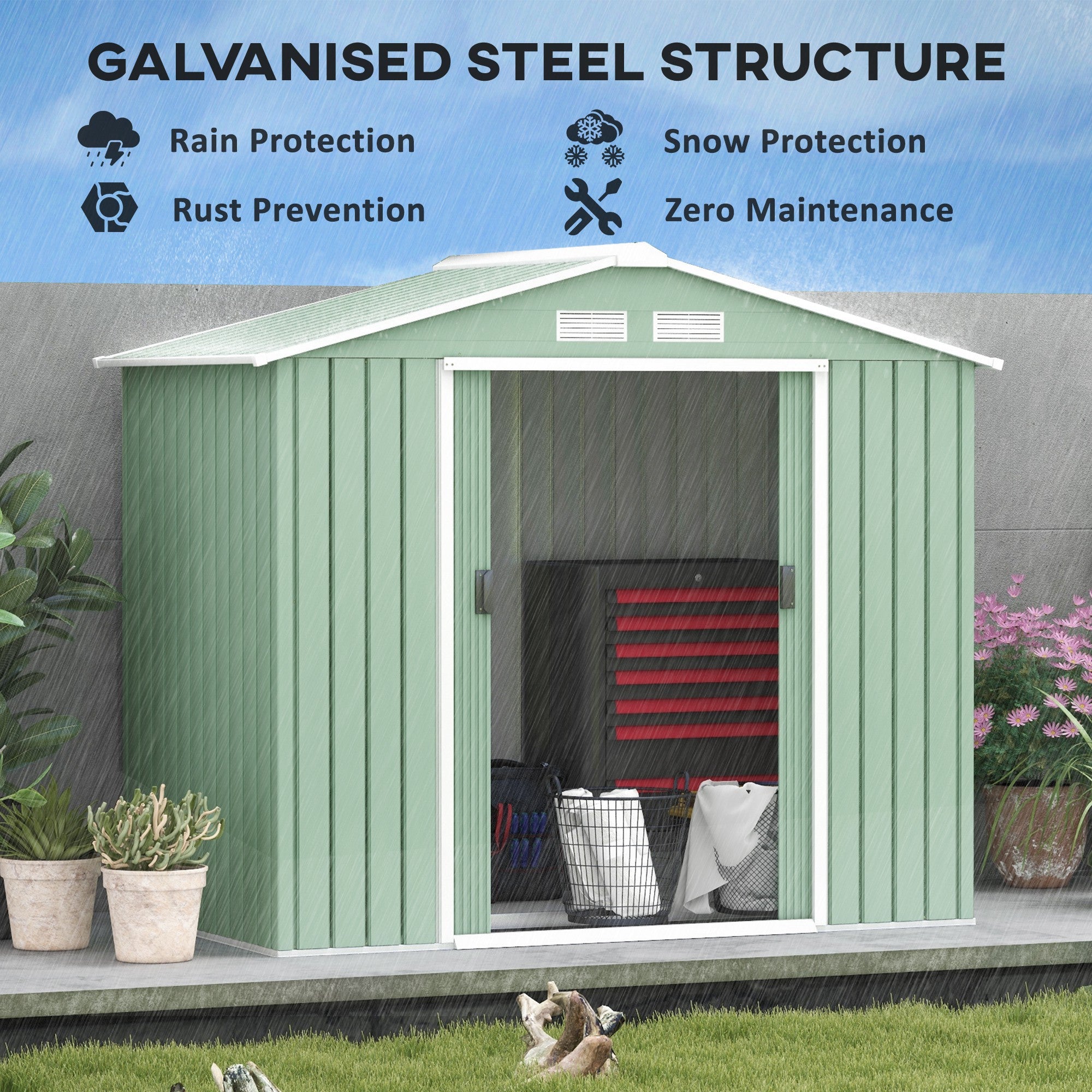 Outsunny 7 x 4ft Metal Garden Shed, Outdoor Storage Tool House with Ventilation Slots, Foundation Kit and Lockable Double Doors, Light Green - North Peak Garden Furniture