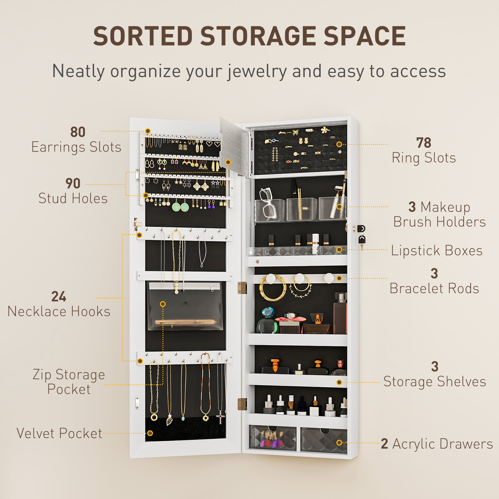 HOMCOM 108 x 37cm Lockable Jewellery Cabinet, with LED Lights - White Surface and Black Lining - North Peak Garden Furniture