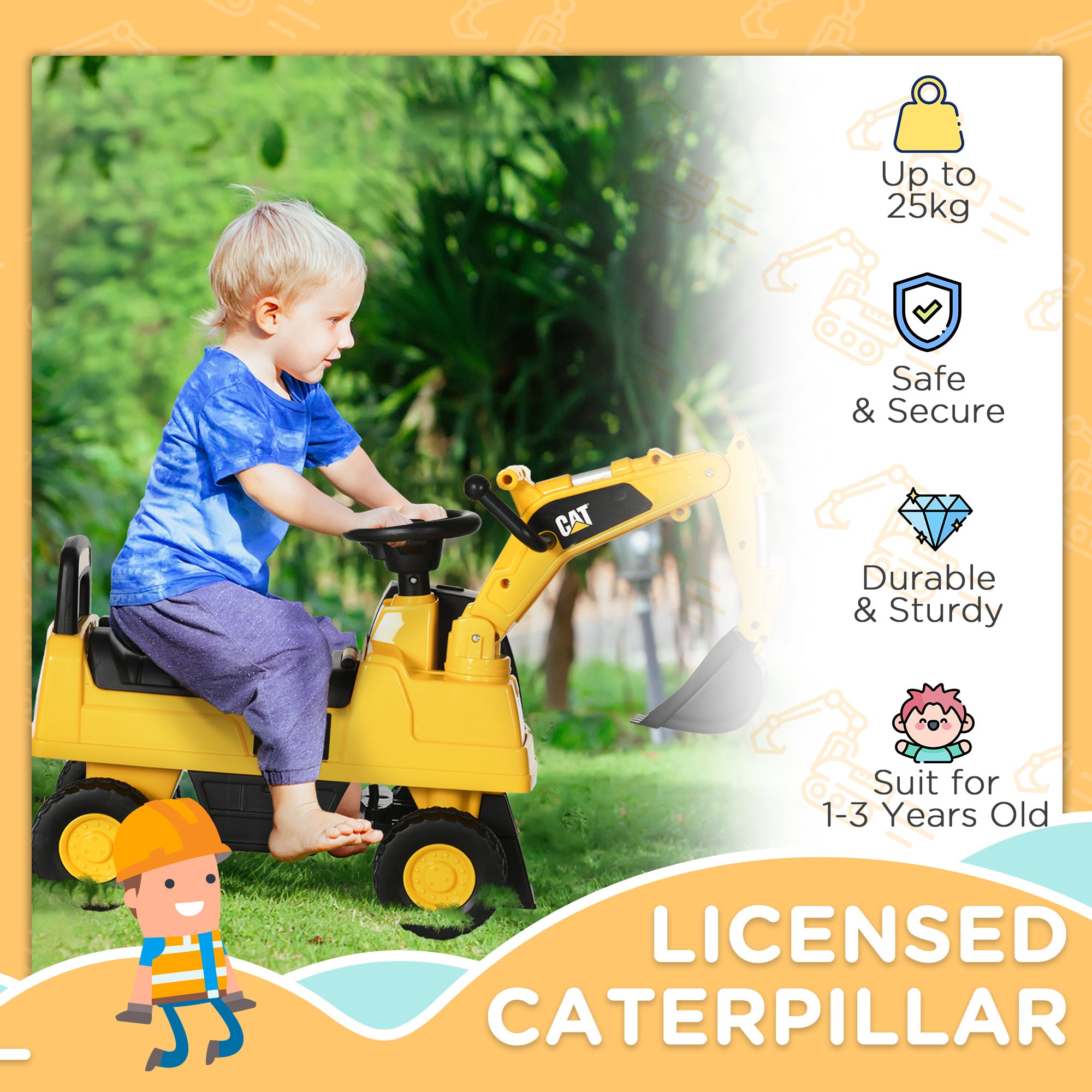 HOMCOM CAT Licensed Kids Ride on Digger Toddler Pretend Construction Play Toy Foot-To-Floor Ride-On Toy w/ Manual Shovel, Horn, Hidden Storage, for Ages 1-3 Years - North Peak Garden Furniture