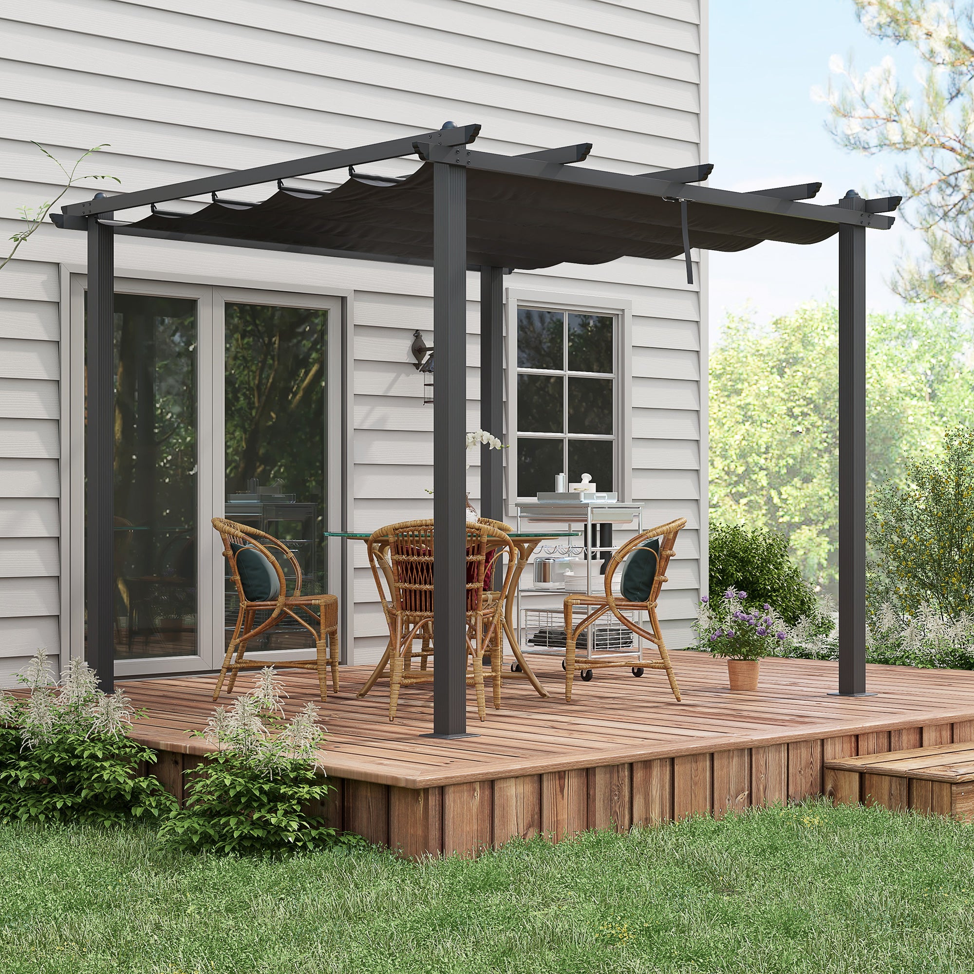 Outsunny 3 x 3m Aluminium Pergola, with Retractable Roof - Dark Grey - North Peak Garden Furniture