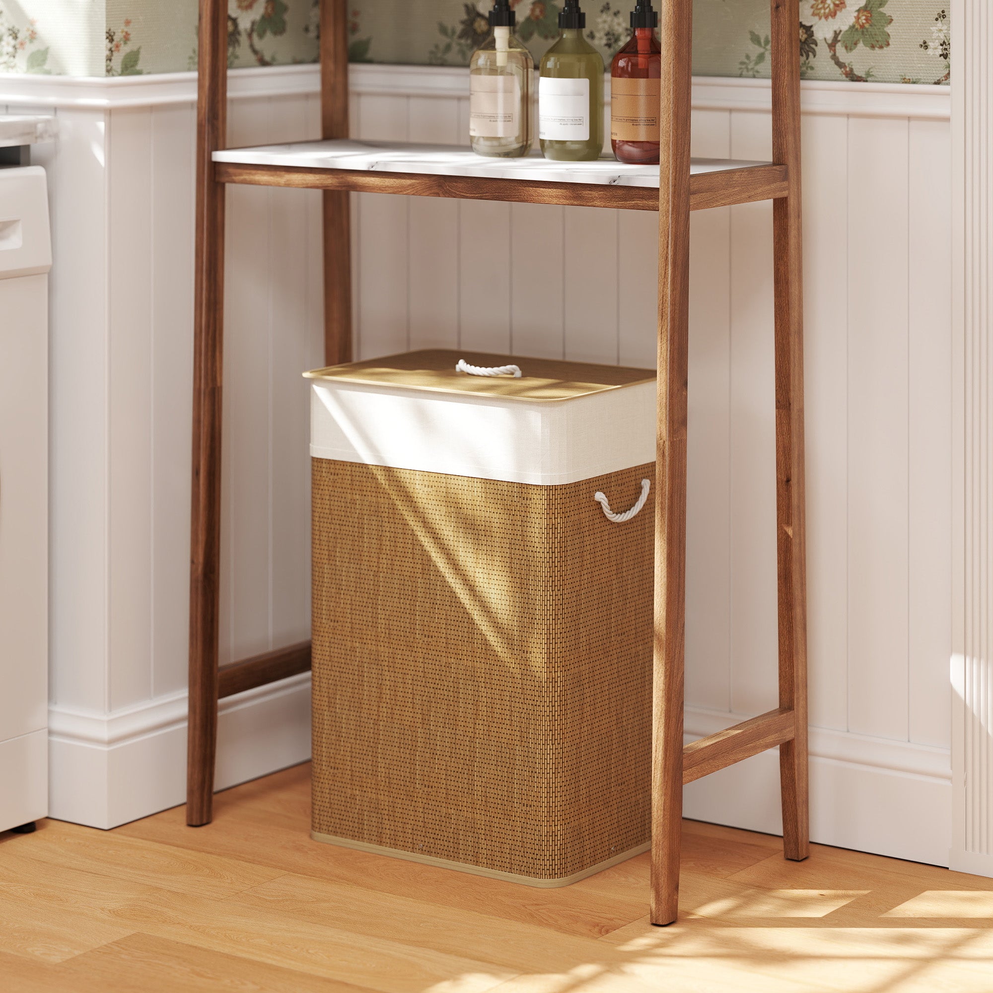 HOMCOM Bamboo Laundry Basket with Lid, 72L Laundry Hamper with Rope Handles, Washing Basket with Removable Washable Liner Bag for Bathroom, Bedroom, Brown - North Peak Garden Furniture