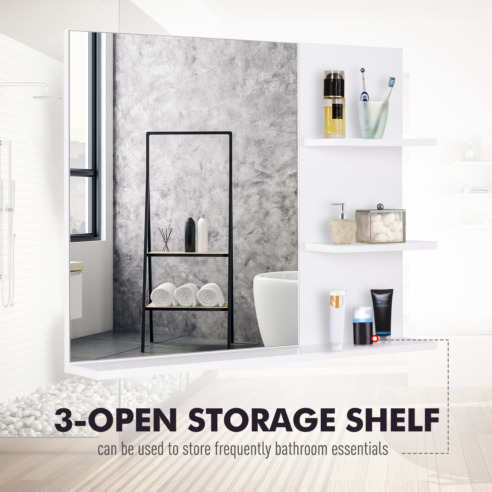 kleankin Modern Bathroom Mirror, Wall-mounted Vanity Mirror with 3 Tiers Storage Shelves for Make Up, White - North Peak Garden Furniture
