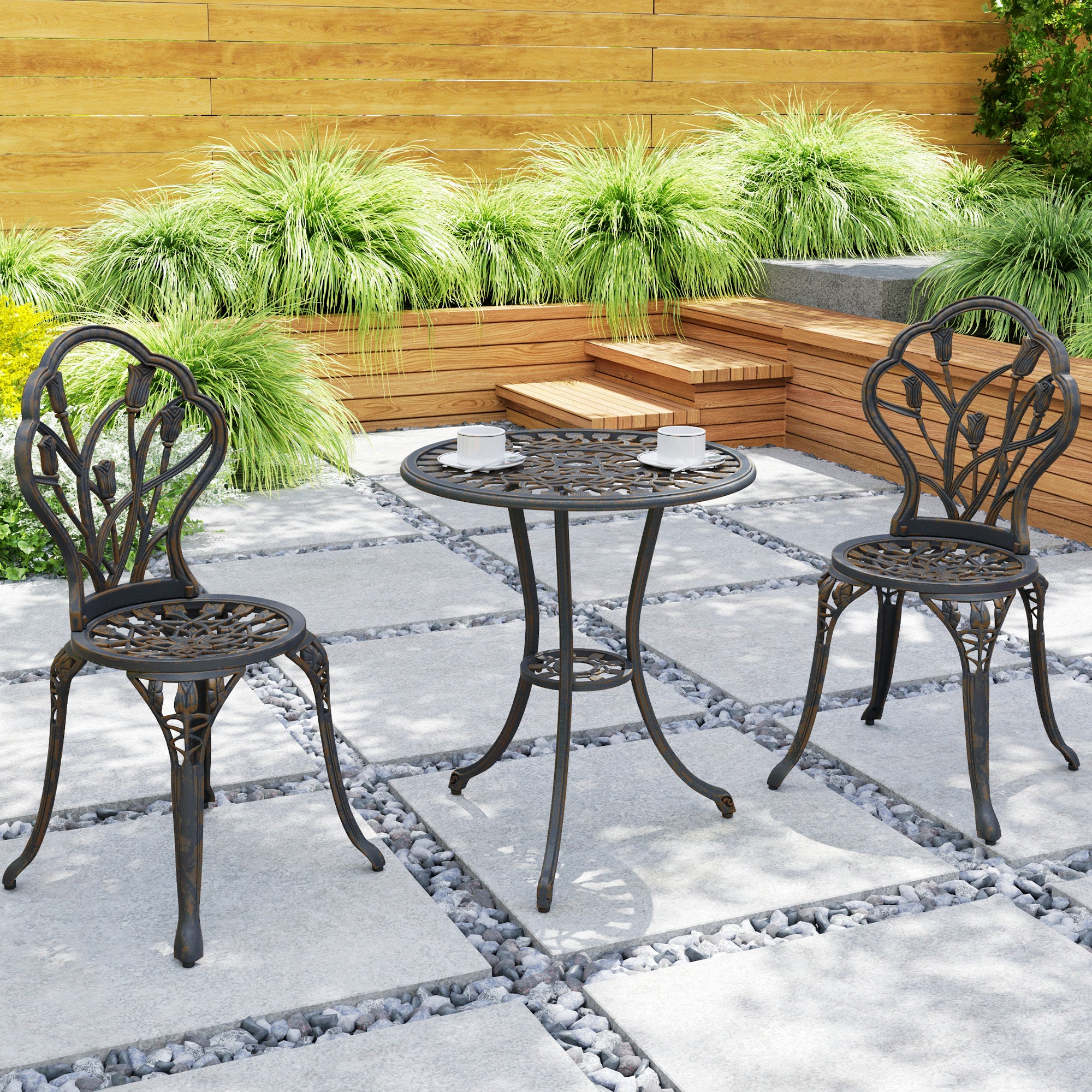 Outsunny 3 Piece Patio Bistro Set for 2, Outdoor Aluminium Garden Table and Chairs with Umbrella Hole for Balcony, Bronze Tone - North Peak Garden Furniture