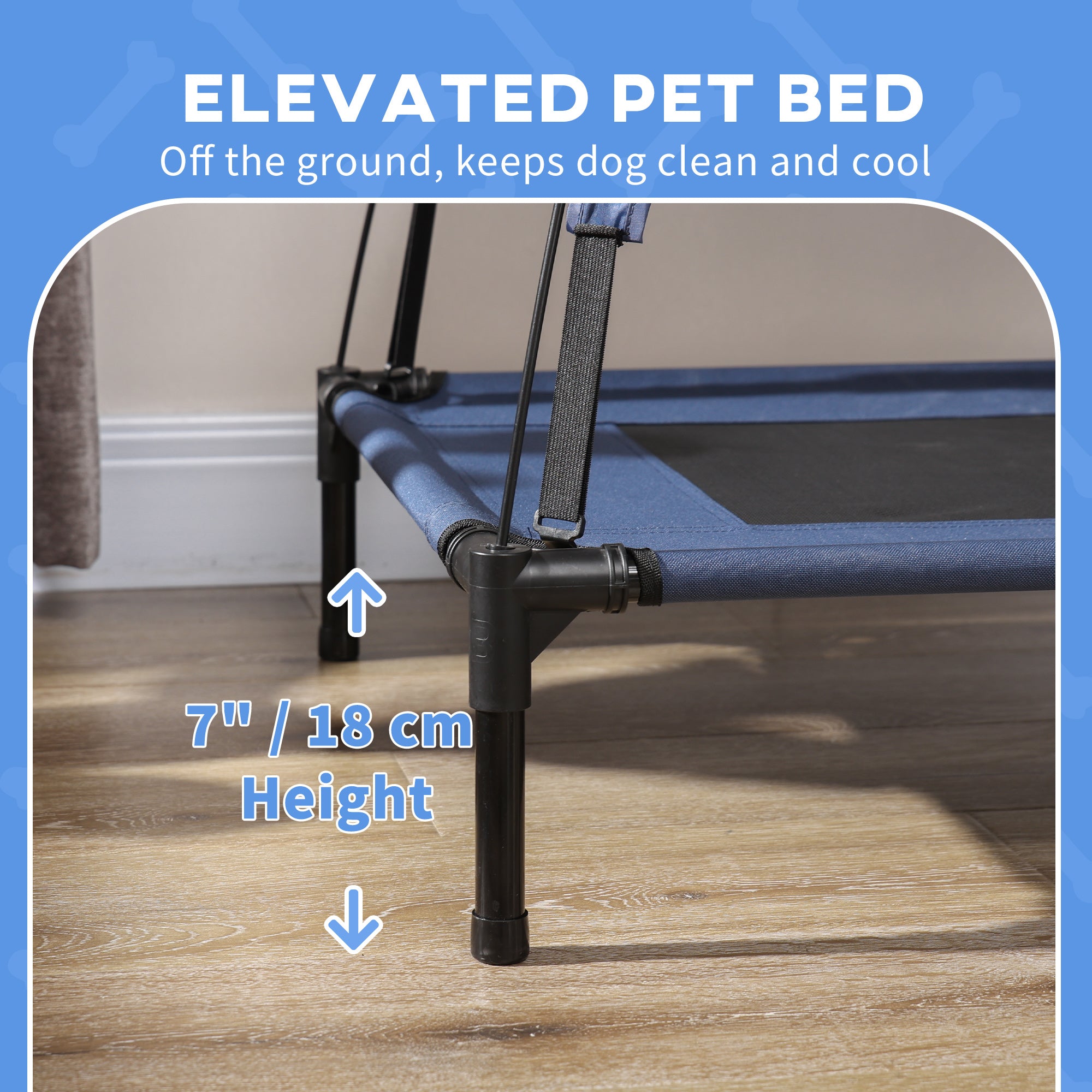 PawHut Raised Dog Bed Waterproof Elevated Pet Cot with Breathable Mesh UV Protection Canopy Blue, for Small Dogs, 61 x 46 x 62cm - North Peak Garden Furniture