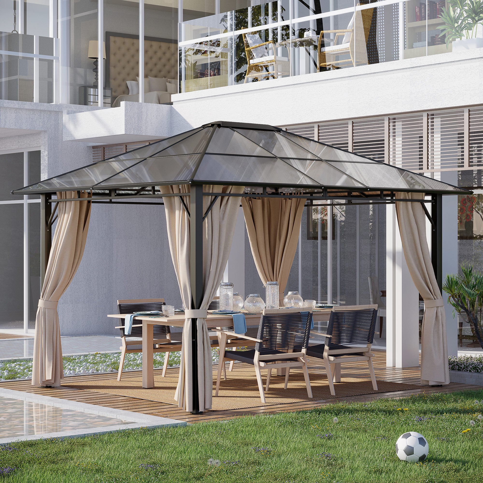 Outsunny 3 x 3.6m Hardtop Gazebo Canopy with Polycarbonate Roof Garden Pavilion with Removable Curtains and Steel Frame, Brown - North Peak Garden Furniture