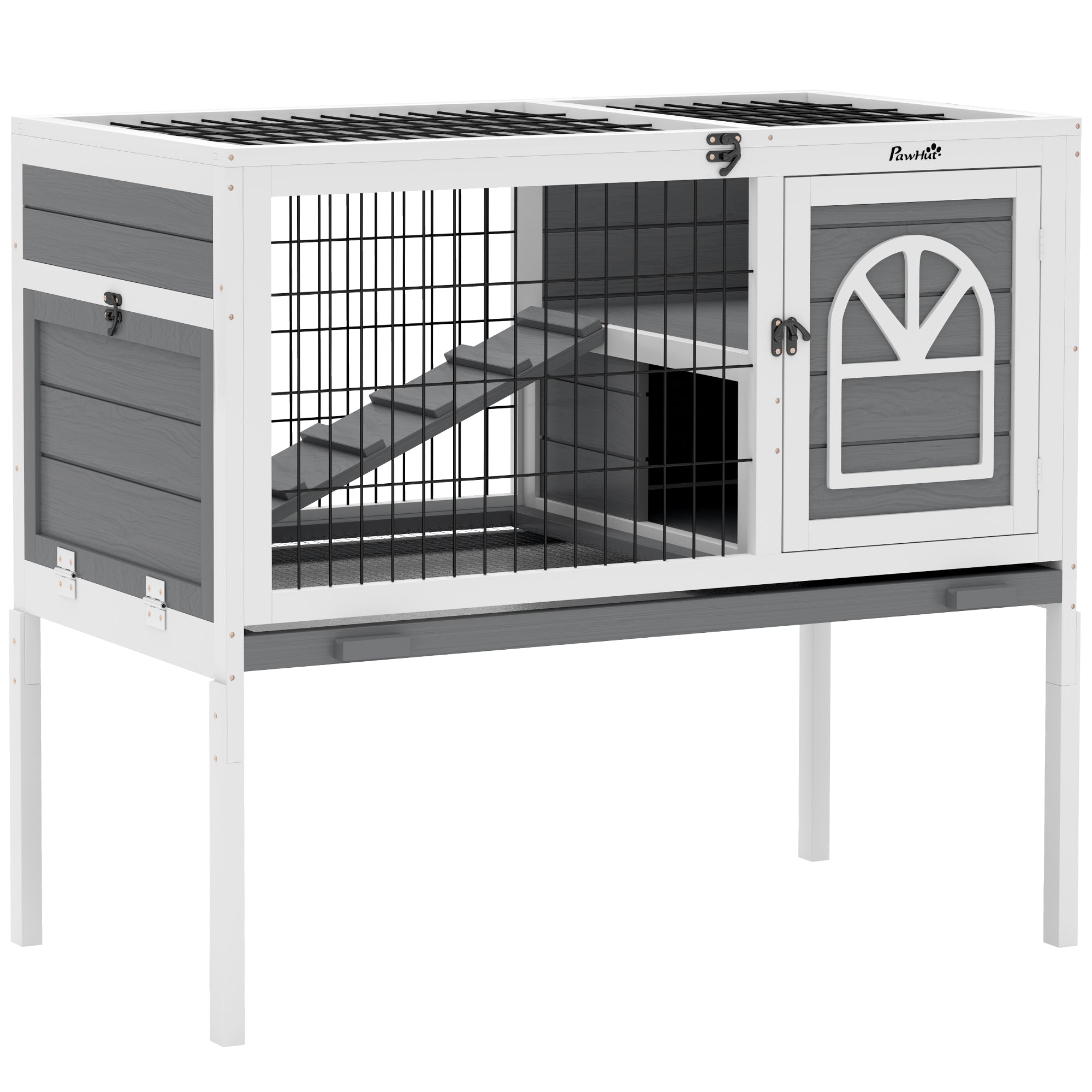 PawHut Wooden Rabbit Hutch, Guinea Pig Cage, with Removable Tray, Openable Roof, Grey - North Peak Garden Furniture