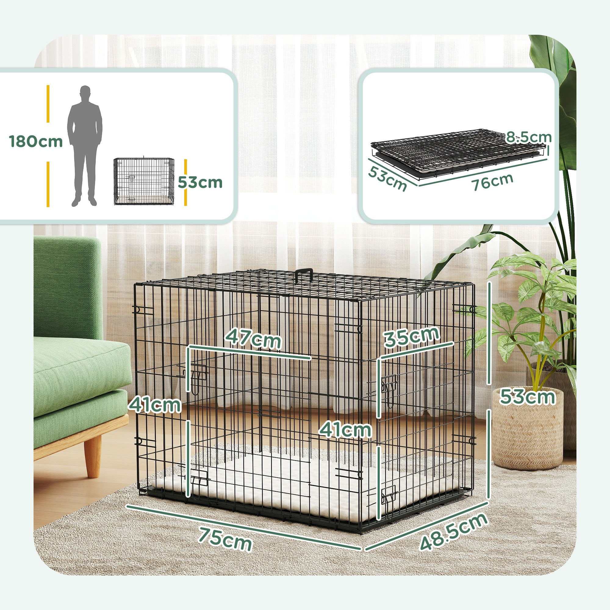 PawHut Dog Crate with 2 Doors with Tray, Soft Cushion, Foldable Metal Dog Cage for Small Dogs, 76 x 53 x 60, Black