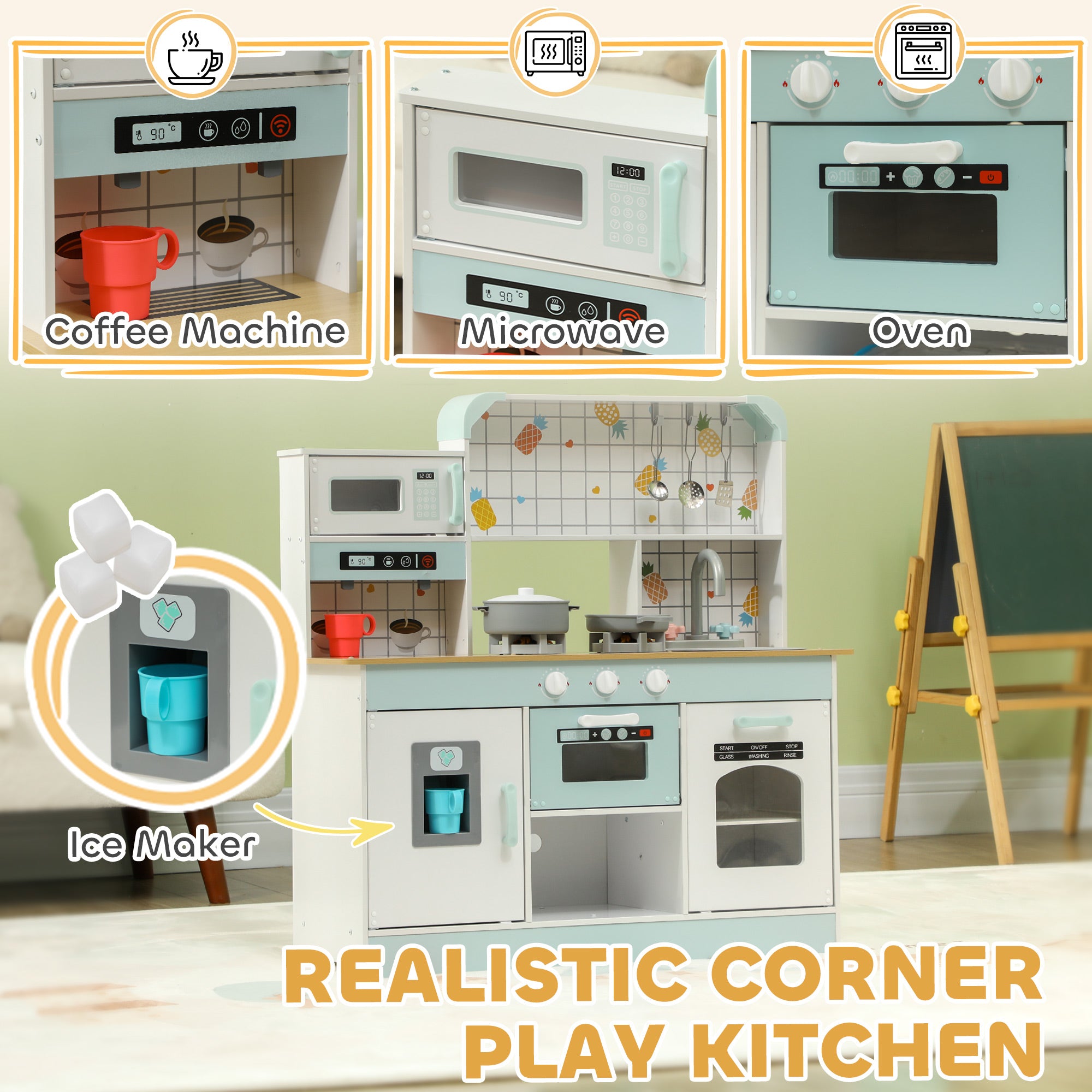 AIYAPLAY Toy Kitchen, Pretend Role Play Kitchen with Hob, Sound and Light, Coffee Machine, Ice Maker, Microwave - North Peak Garden Furniture