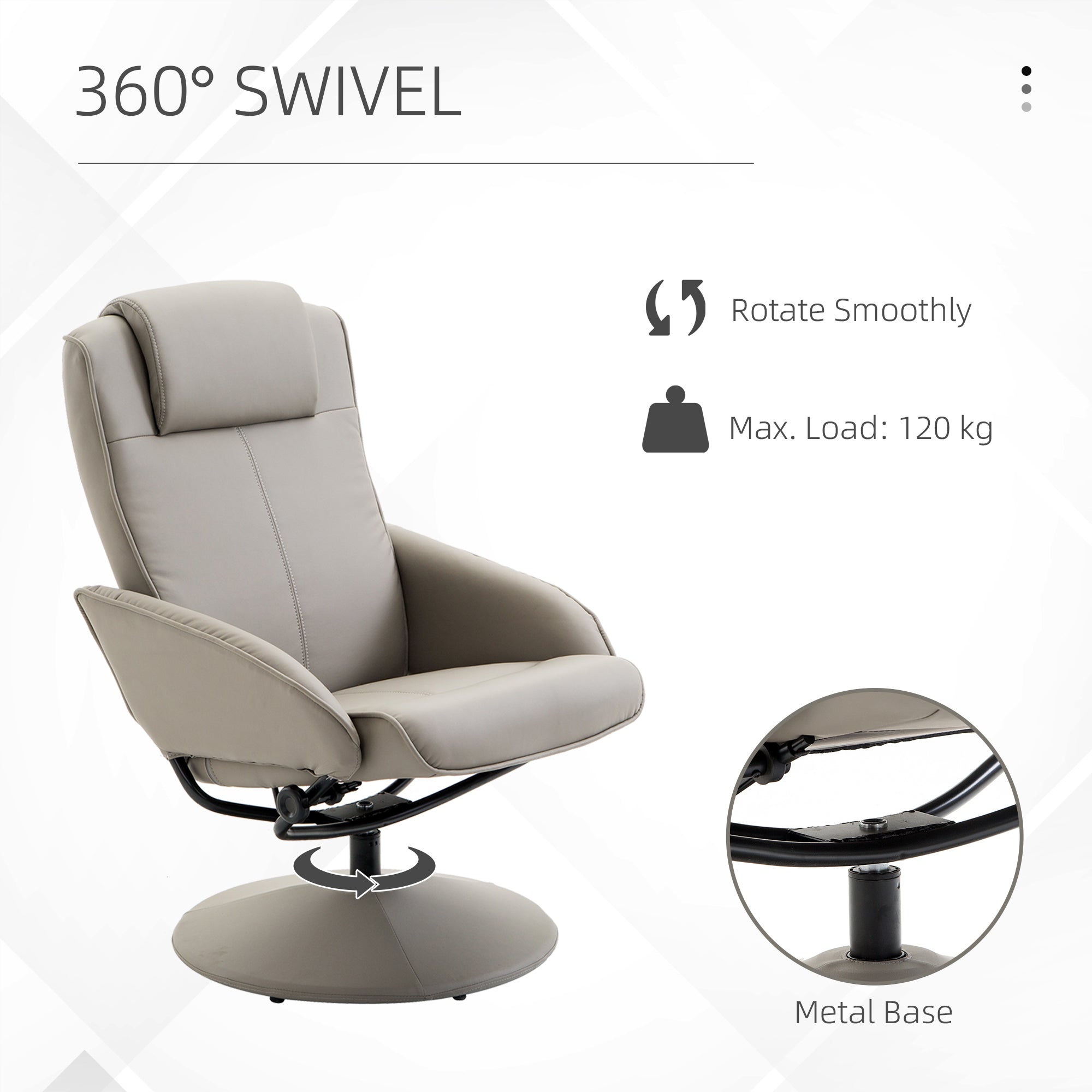HOMCOM Recliner Chair and Footstool, Swivel PU Leather Upholstered Armchair with Footstool and Adjustable Backrest for Living Room, Bedroom, Grey - North Peak Garden Furniture