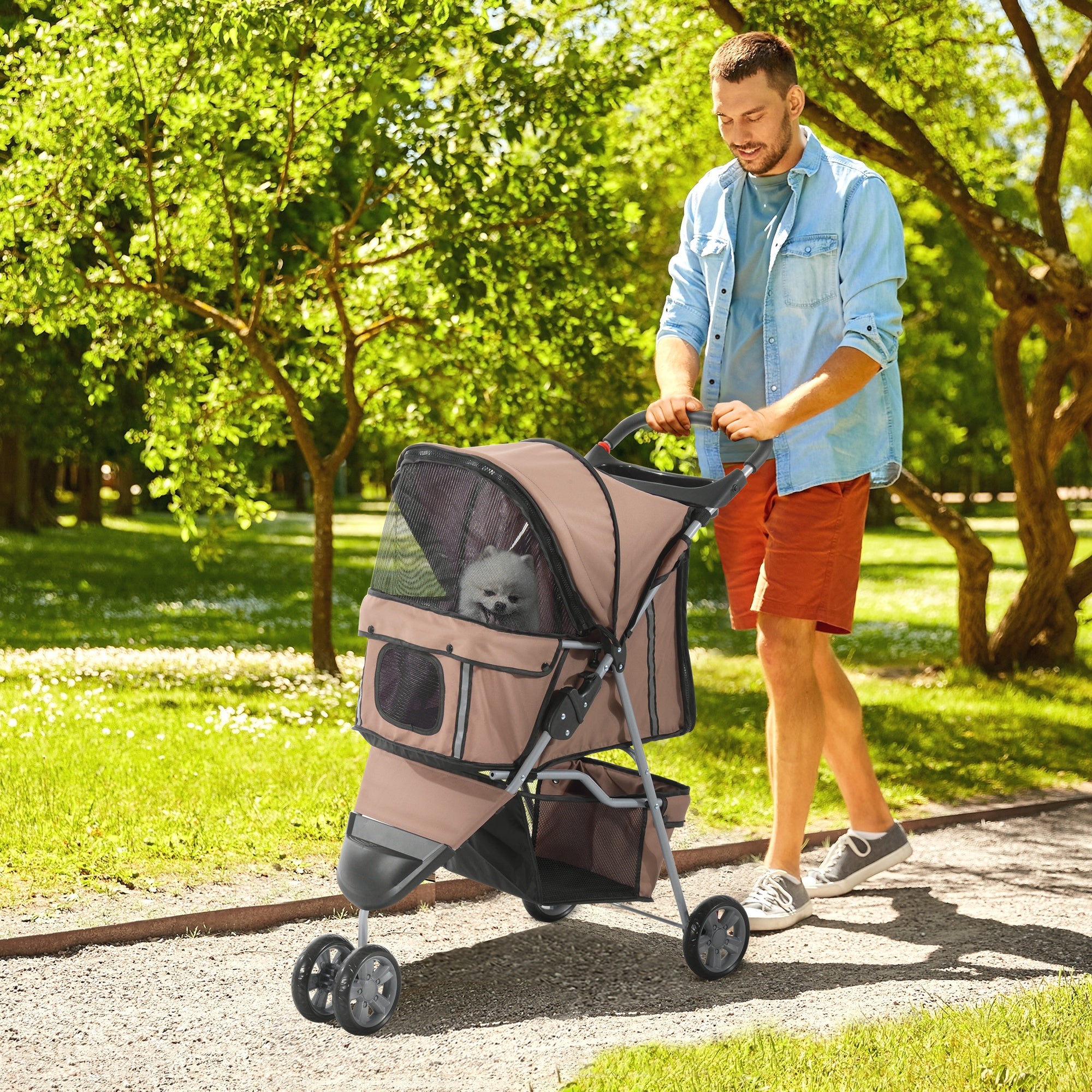 PawHut Dog Stroller, 3 Wheels Foldable Cat Dog Pram with Cup Holder, Storage Basket, Pet Stroller for Small Miniature Dogs, Brown - North Peak Garden Furniture
