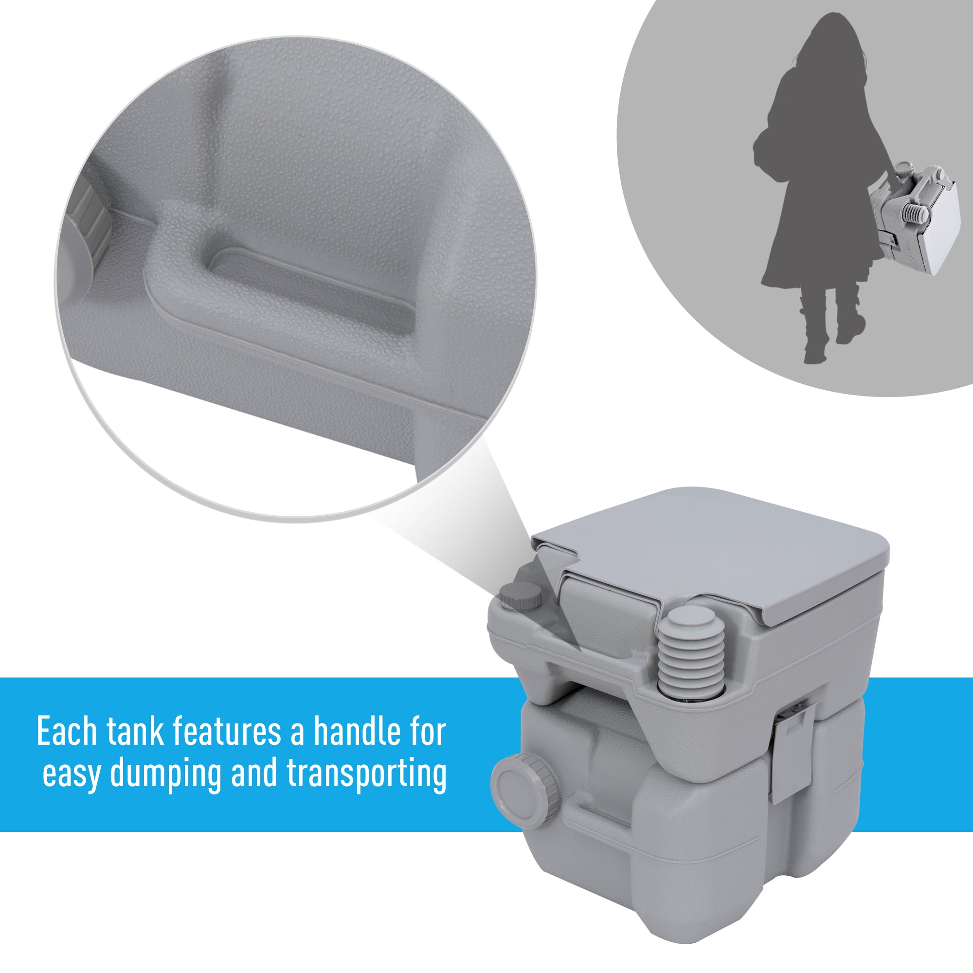 Outsunny 20L Portable Travel Mobile Toilet Outdoor Camping Handle WC with 2 Detachable Tanks & Push-button Operation, Grey - North Peak Garden Furniture