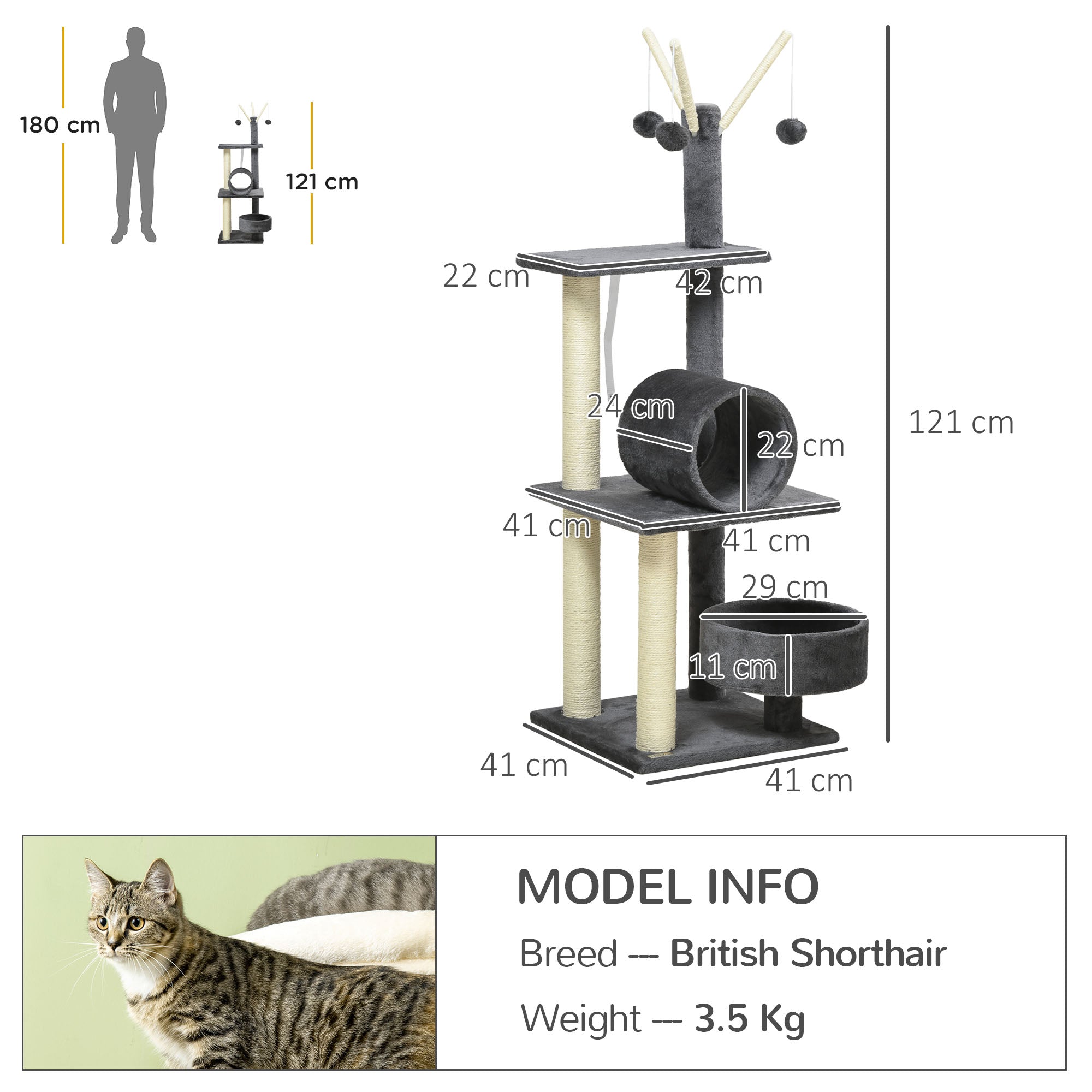 PawHut 121cm Cat Tree Tower for Indoor Cats Kitten Activity Centre Scratching Post with Bed Tunnel Perch Interactive Ball Toy Grey - North Peak Garden Furniture