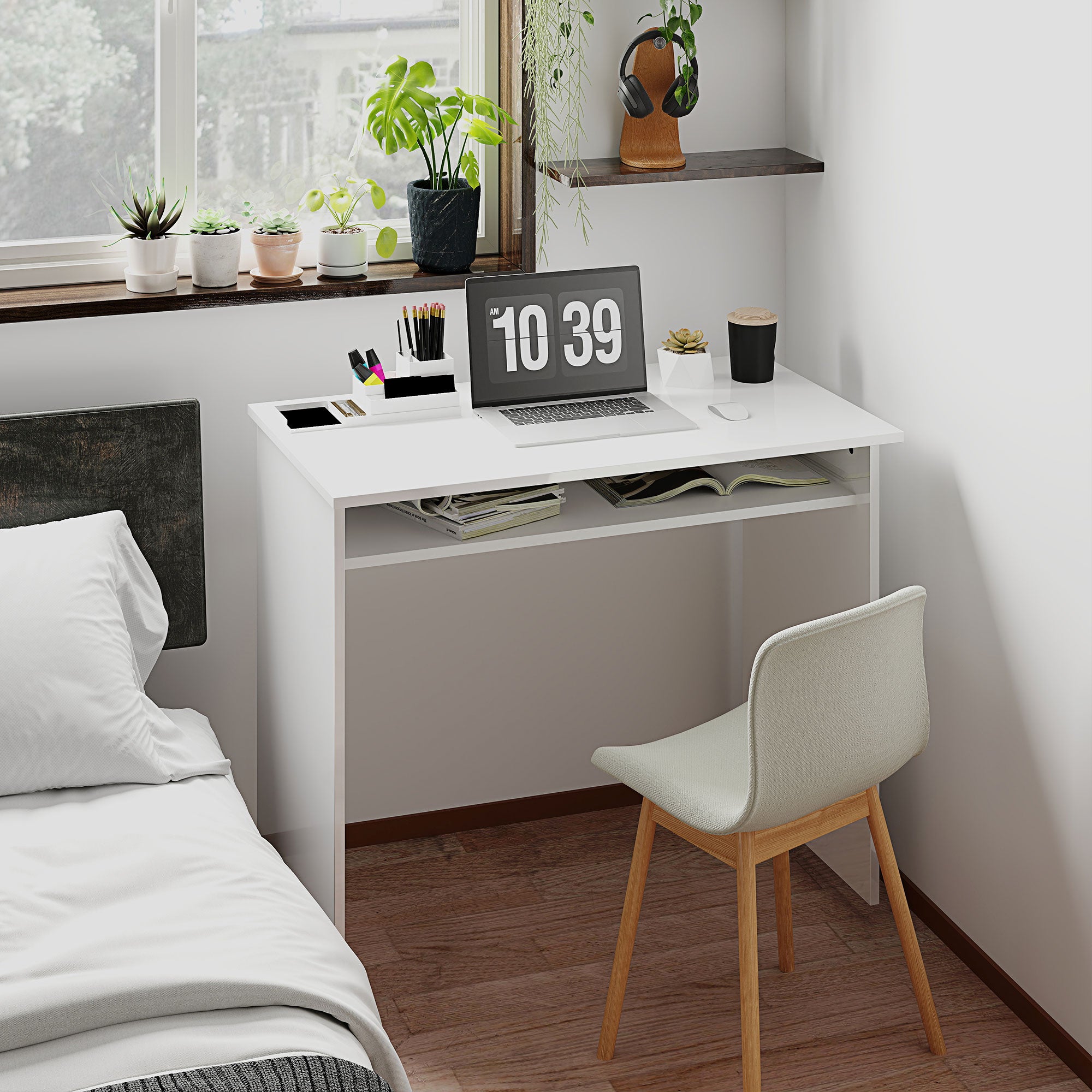 HOMCOM 90 x 50cm Computer Table, Modern Home Office Desk, Small Writing Desk with Storage Shelf, High Gloss White - North Peak Garden Furniture