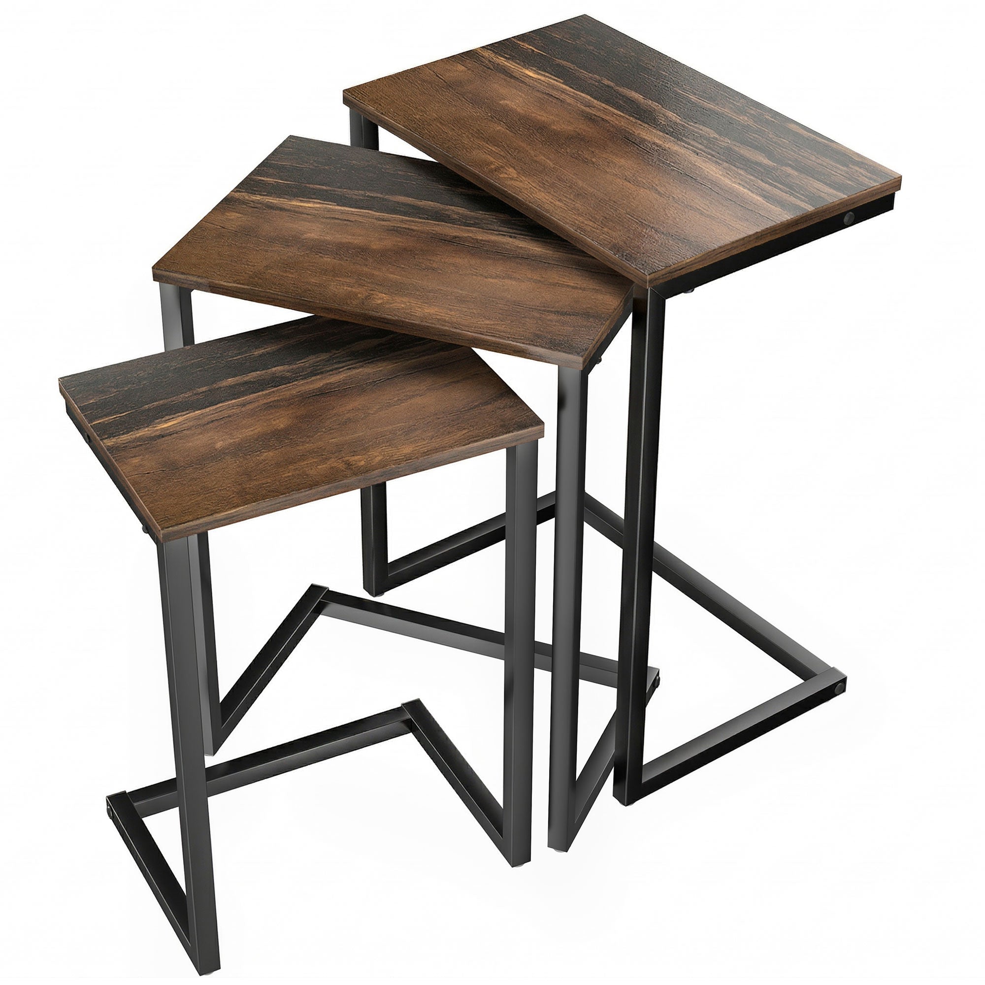 HOMCOM Nesting Side Tables Set of 3, C-Shaped Snack Side Tables with Steel Frame for Sofa Couch and Bed, Rustic Brown