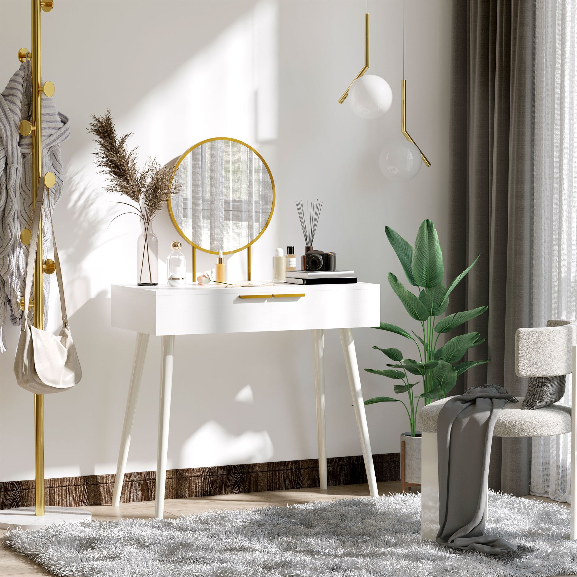 HOMCOM Modern Dressing Table with Round Mirror, Makeup Vanity Table with 2 Drawers for Bedroom, Living Room, White - North Peak Garden Furniture