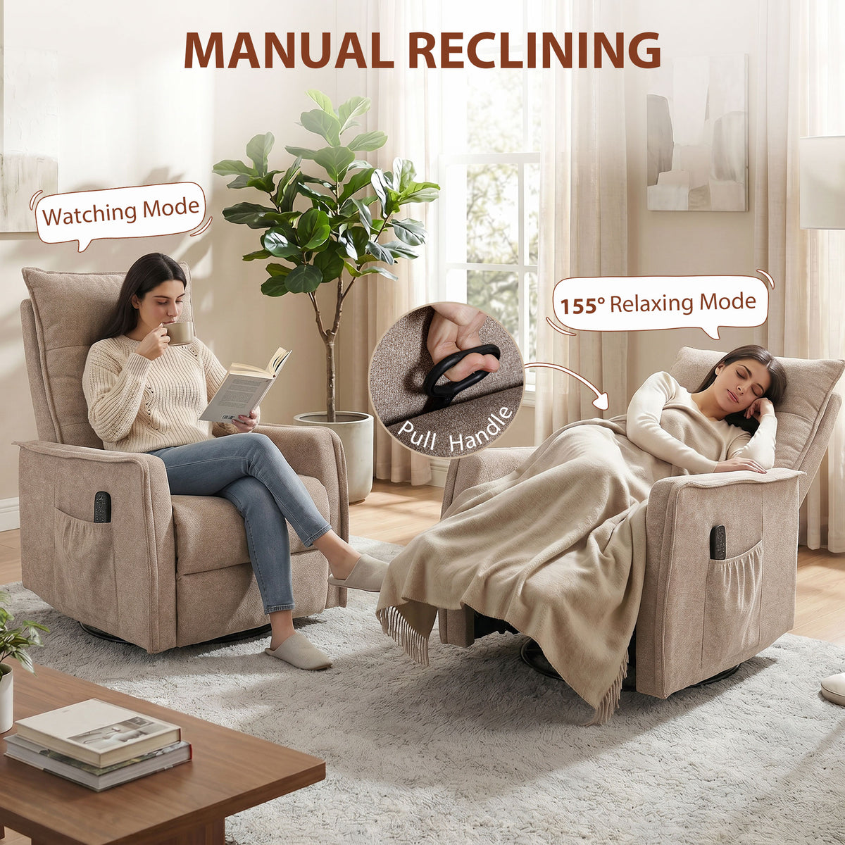 HOMCOM Recliner Armchair, Chenille Recliner Chair with Massage and Heat, 360° Swivel Rocking Manual Recliner, Brown